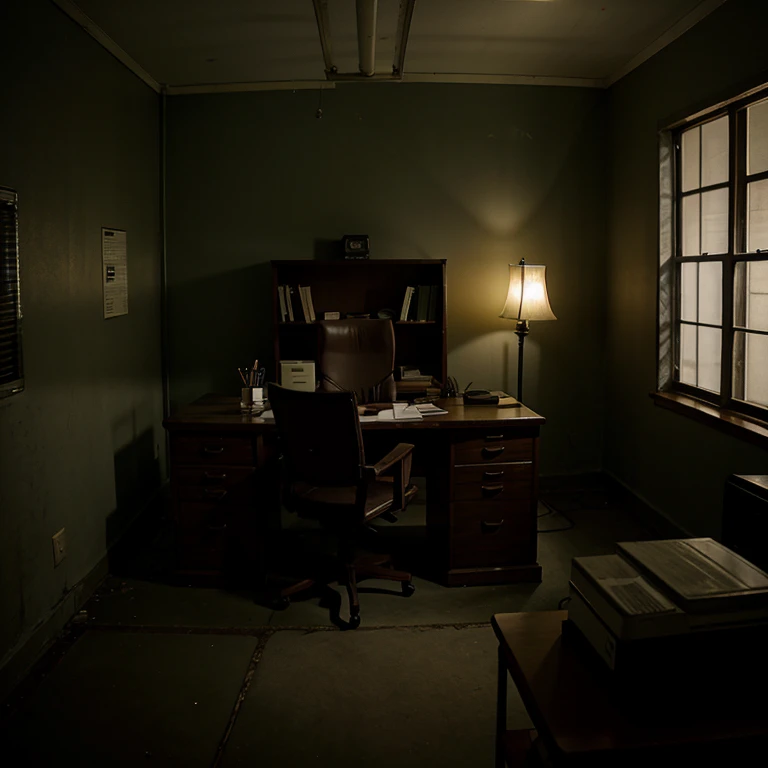 Dark poorly lit insane asylum's office.