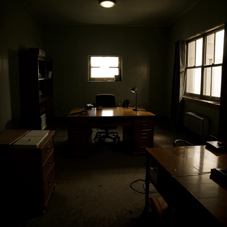 Dark poorly lit insane asylum's office.