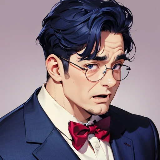 bust shot, front view, middle aged man, 60 years old , navy blue hair, disheveled round glasses, Purple suit, red bow tie, round face shape, plump body type, purple eyes, very surprised expression, open mouth