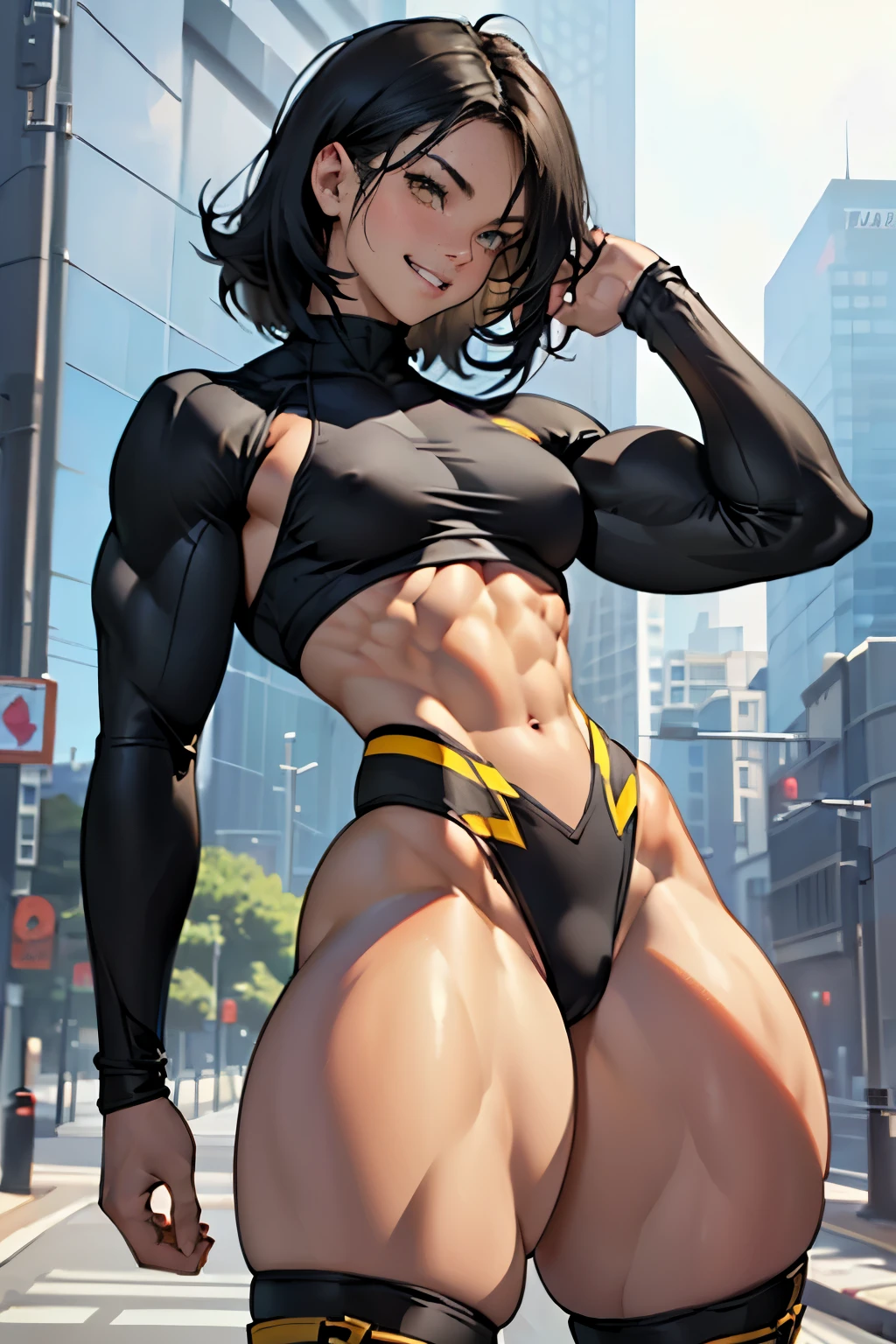 (((muscular, thick thighs, small breasts, tight clothes, toned body, 1 girl))), black hair, pale skin, yellow eyes, big smile, happy, solo, (muscular:1.7), (thick thighs:1.7), (small breasts:1.7)