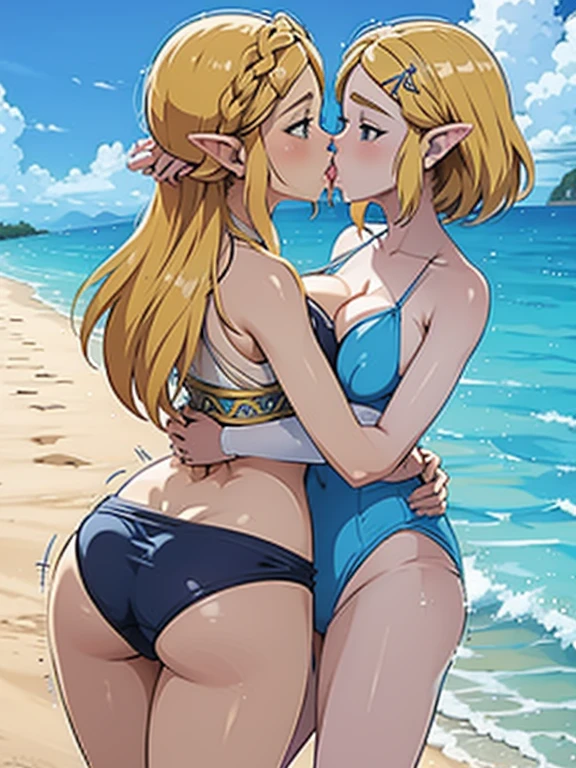two princess zeldas kissing each other, on beach, in swimsuits, big breasts, big butt, beachside view, wet