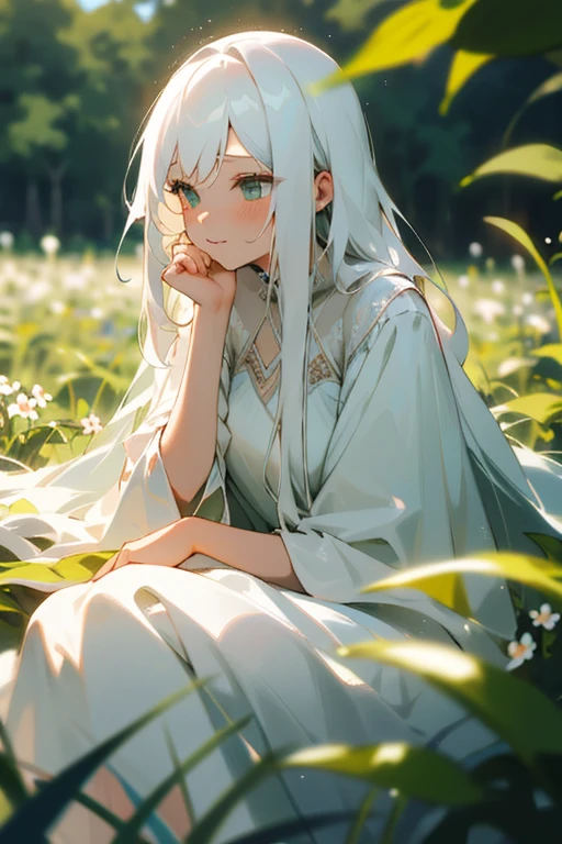 (masterpiece, best quality),1girl with long white hair sitting in a field of green plants and flowers, her hand under her chin, warm lighting, white dress, blurry foreground