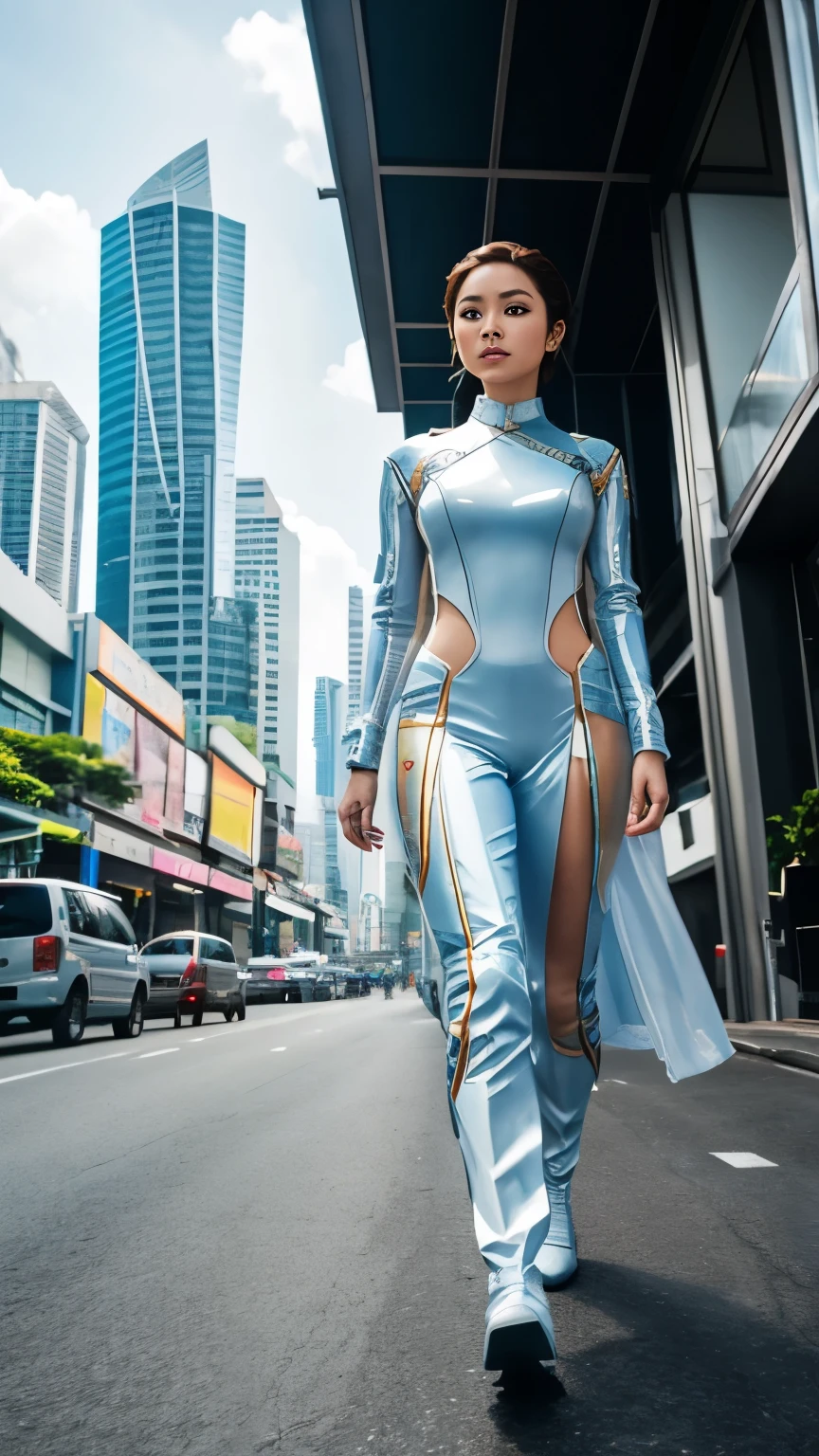 Beautiful female movie star, dressed in futuristic attire from the year 3000, walking through the heart of Thailand's business district, amidst the bustling cityscape of Thailand in the year 3000 Thriving in cutting-edge technology, captured by a LEICA camera with a fixed 50mm f12 lens, using natural light for hyper-realistic, ultra-detailed photos