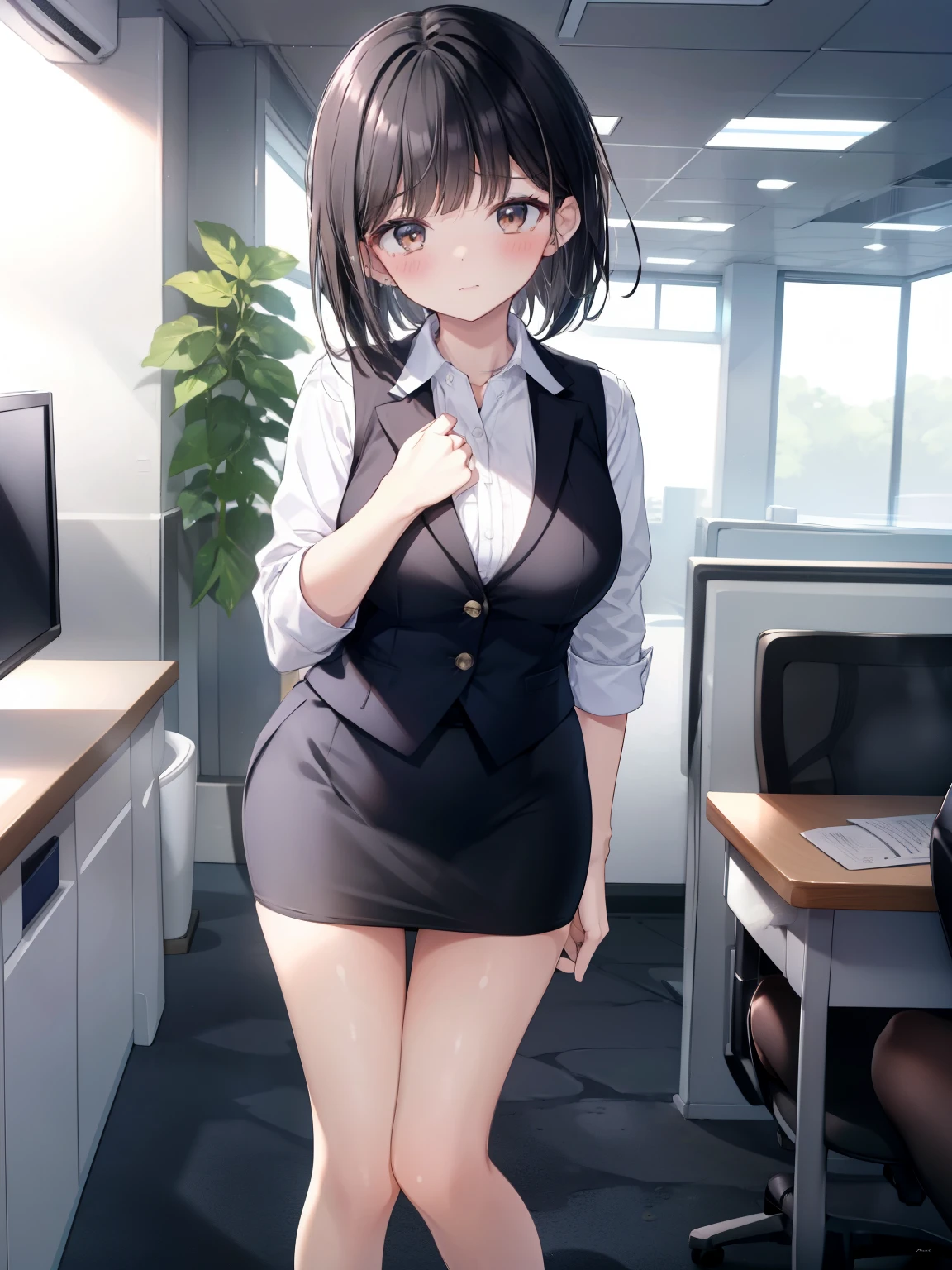 highest quality, Flying debris、Beautiful woman、officeレディー、Black Hair、(Brown eyes、Big Breasts)、short hair、チェック柄のダークブルーのofficeスーツ)、new employee,Full Body Shot、Female office lady、break(Dark blue checked vest、White dress shirt、Navy blue mini tight pencil skirt:1.2)、(Black knee-high、Absolute area、High heels)、break(office:1.3)、Cleavage、Unbutton your shirt、blush、Embarrassed、Troubled face、The skirt is torn、Standing posture