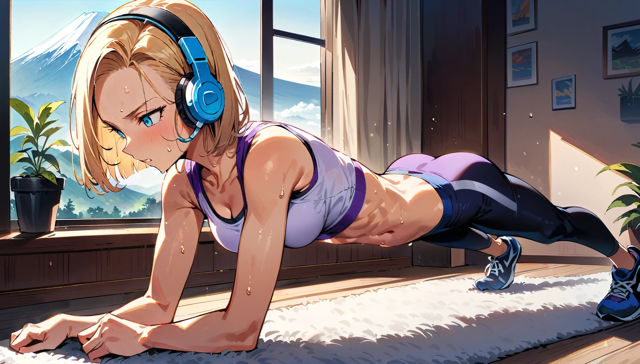 (masterpiece, best quality:1.2), frontal full body shot, Android 18 from Dragon Ball, (doing a plank), core engaged, core exercise, wearing (purple training wear, e.g. sports bra and leggings), purple training shoes, (white over-ear headphones must be worn), short blonde hair, her sweaty forehead, blue eyes, earrings on earlobes, sweating, slender feminine figure, toned abs and arms, legs fully extended, narrow waistline, modern feminine room with white decor, white plush rug, potted plants, daylight streaming in through large windows, Mount Fuji and sun in the distance, morning, 4K