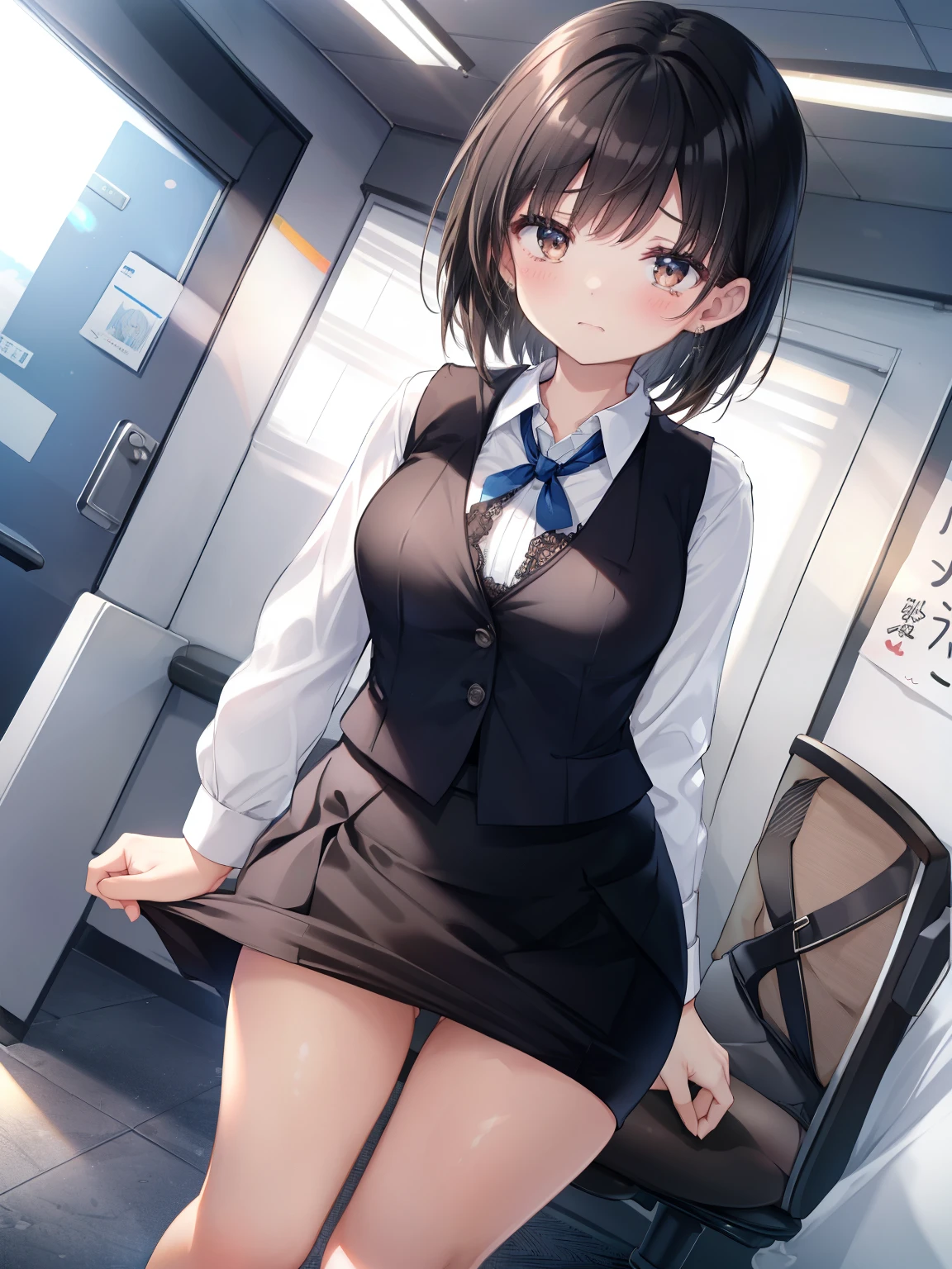 highest quality, Flying debris、Beautiful woman、officeレディー、Black Hair、(Brown eyes、Big Breasts)、short hair、チェック柄のダークブルーのofficeスーツ)、new employee,Full Body Shot、Female office lady、break(Dark blue checked vest、White dress shirt、Navy blue mini tight pencil skirt:1.2)、(Black knee-high、Absolute area、High heels)、break(office:1.3)、Cleavage、Unbutton your shirt、blush、Embarrassed、Troubled face、The skirt is torn、Standing posture
