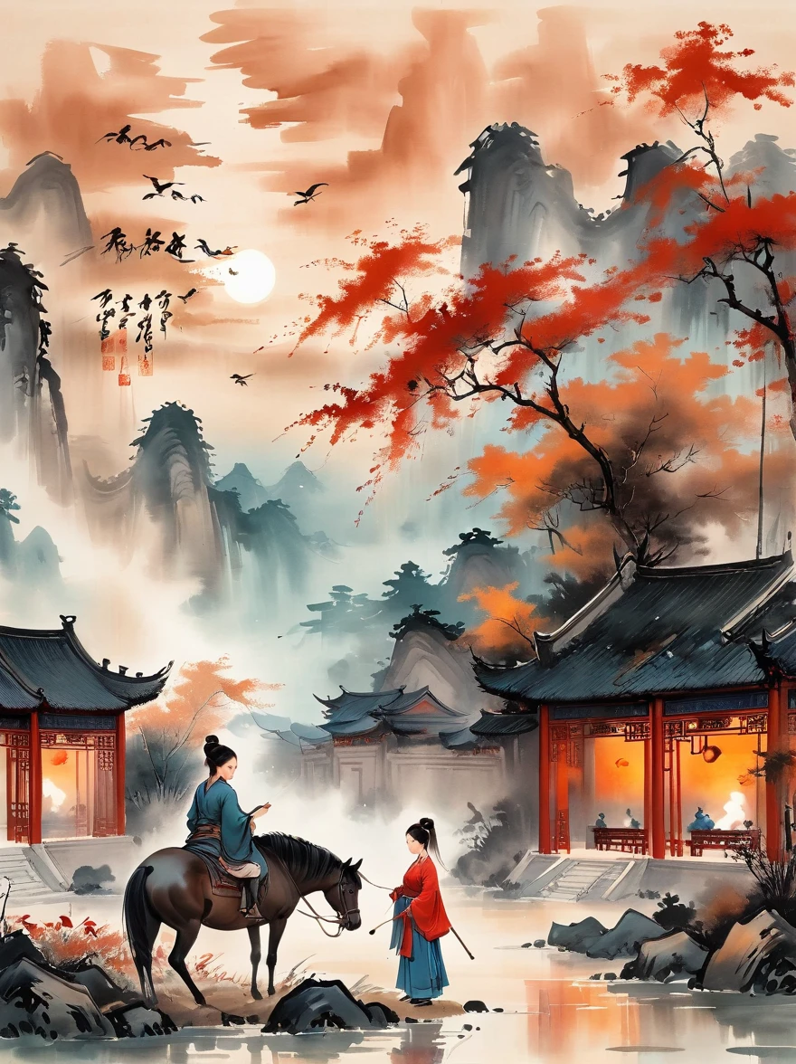 (chinese ink painting style:1.2), (masterpiece, top quality, best quality, official art, beautiful and aesthetic:1.2), An ink painting of a battlefield at dusk in the Song Dynasty is full of oriental freehand aesthetic elements, In late autumn, dead leaves are flying all over the sky, A beautiful woman stands alone on the battlefield at dusk. Her back is desolate and full of loneliness, Behind the girl is leaning on a thin horse, The background is the post-war battlefield, The tone should be a mixture of warm earth tones in traditional Eastern paintings, and The deep red color of the sunset symbolizes the cruelty of war, ancient Chinese style, ink painting, (wallpaper:1.2)