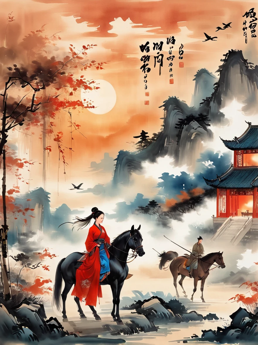 (chinese ink painting style:1.2), (masterpiece, top quality, best quality, official art, beautiful and aesthetic:1.2), An ink painting of a battlefield at dusk in the Song Dynasty is full of oriental freehand aesthetic elements, In late autumn, dead leaves are flying all over the sky, A beautiful woman stands alone on the battlefield at dusk. Her back is desolate and full of loneliness, Behind the girl is leaning on a thin horse, The background is the post-war battlefield, The tone should be a mixture of warm earth tones in traditional Eastern paintings, and The deep red color of the sunset symbolizes the cruelty of war, ancient Chinese style, ink painting, (wallpaper:1.2)