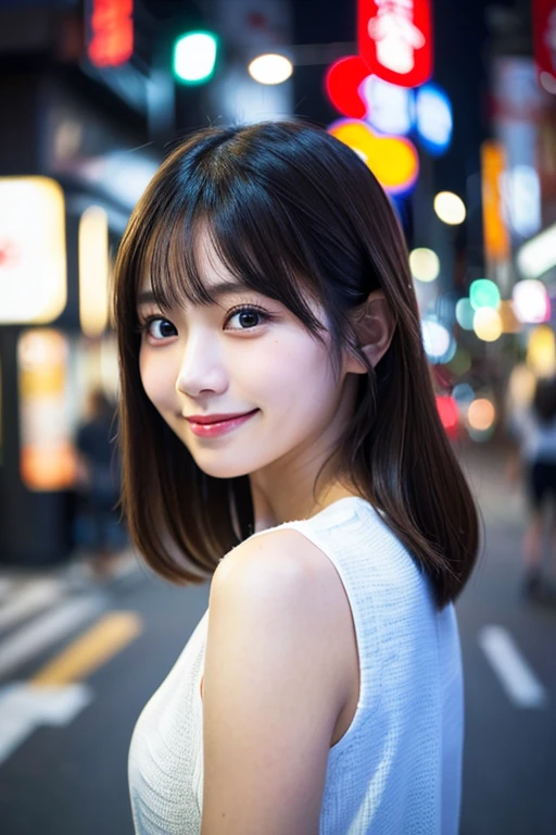 1 girl, Japanese women, Tokyo Street , Streetscape, Upper Body, Facing forward, close, smile, Very delicate face, double eyelid, Face thinning, (8k, RAW Photos, highest quality, masterpiece:1.2), (Realistic, photo-Realistic:1.37),