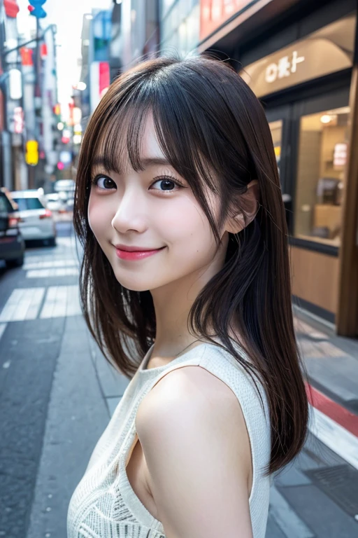 1 girl, Japanese women, Tokyo Street , Streetscape, Upper Body, Facing forward, close, smile, Very delicate face, double eyelid, Face thinning, (8k, RAW Photos, highest quality, masterpiece:1.2), (Realistic, photo-Realistic:1.37),