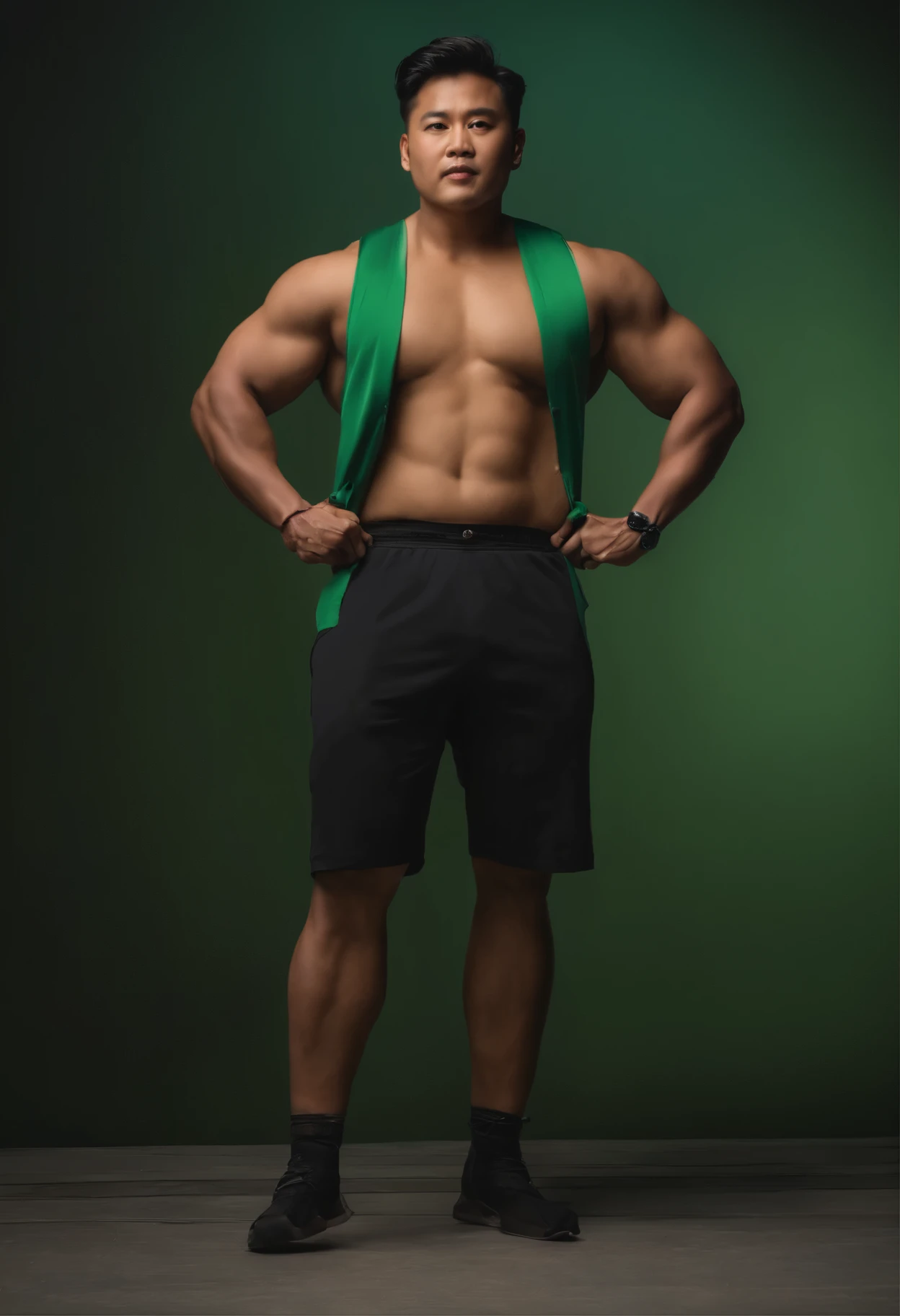 short-cut、is standing、Full body image、the pose、musculature、bare-legged、Fat, green vest