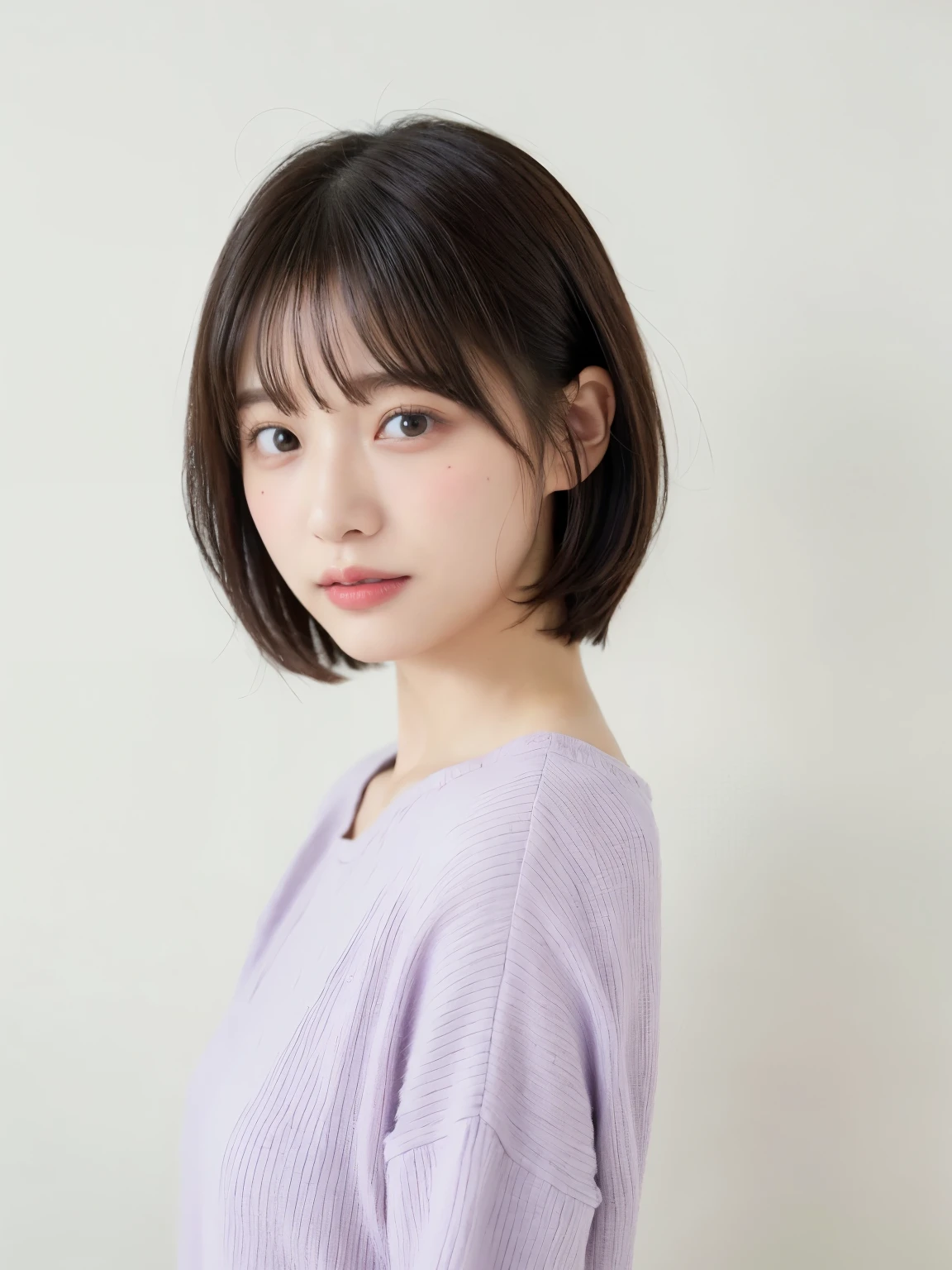Light purple long sleeve dress、Tabletop、(White wall in the background)、In front of a white door、((highest quality、8k、masterpiece:1.3))、Ultra-high resolution、(photoGenuineistic:1.4)、RAW Photos、30-year-old woman、Japanese,(face)、Genuine、Photographed in natural light、Highly detailed face and skin texture、Highly detailed lips、The correct state of the human body、short hair、Shortcuts、Black Hair、short hair、Various poses、Natural color lip、Fluffy hair