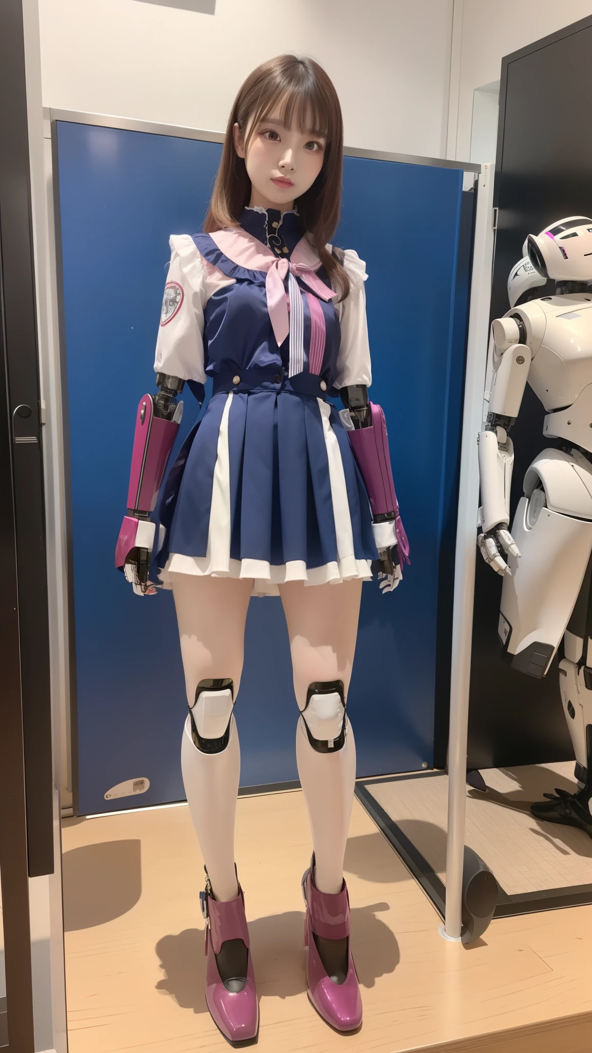 Costume like a idol, blue and white half sleeve Jacket, pink satin ruffled blouse, White and pink stripe pleated skirt, robot