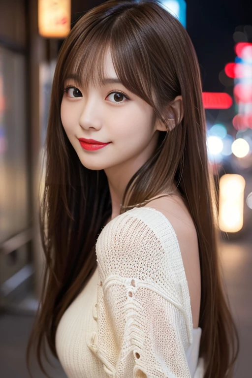 masterpiece、1 beautiful girl、Detailed eyes、Puffy eyes、highest quality, 超A high resolution, (Reality: 1.4), Cinema Lighting、Japanese、Asian Beauty、Super Beauty、Beautiful Skin、Slender、Body facing forward、(Surreal)、(High resolution)、(8k)、(Very detailed)、(Beautiful and detailed eyes)、(Ultra-detailed)、 (wallpaper)、Detailed face、Bright lighting、Professional Lighting、View your viewers、Look straight ahead、(The costume is a knit dress)、Long Hair, My hair is messy, Asymmetrical bangs, 、Night Scenery、Brown Hair、Japan is an idol、Korean Idol、Gravure idol pose、、19 years old、Blonde Hair、smile、Bright red lipstick、Natural Blur、