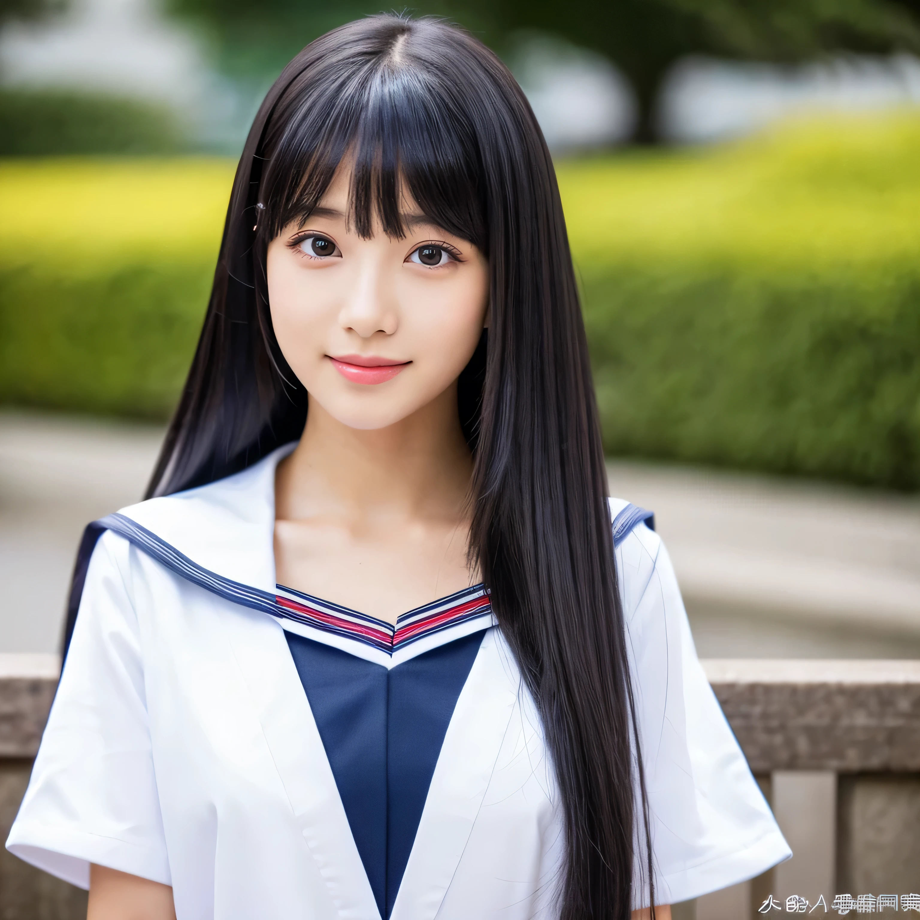 1girl, (solo), (selfie), smile, (17 years old), big breast:1.5, ((beautiful anime eyes with fine detail)), realistic skin, sailor suit, (Navy blue pleated miniskirt), beauty of slender female legs, thigh-high socks,