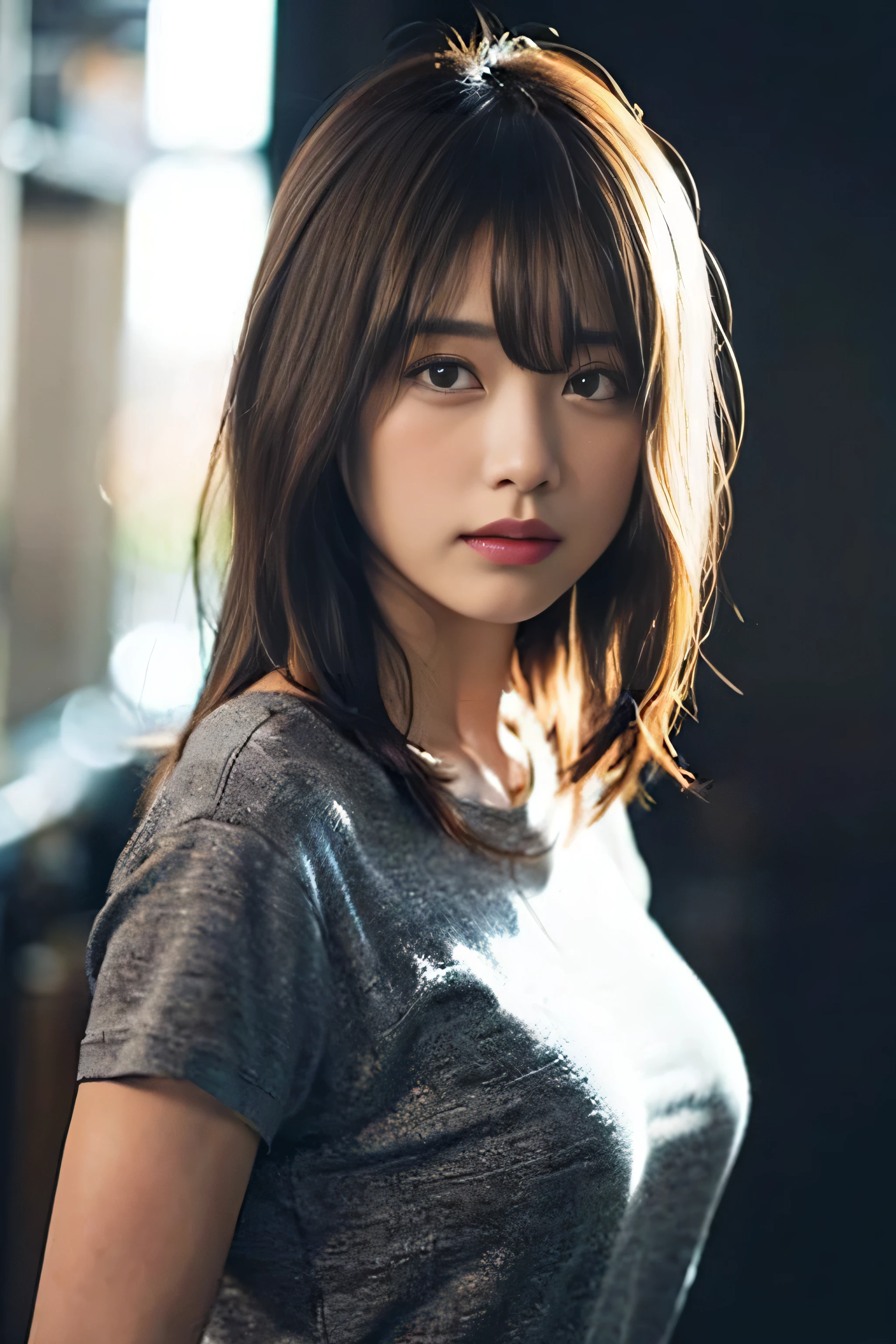 (8k、RAW Photos、Top Class Star Piece:1.2)、(Genuine、Photo Genuine:1.37)、Super Fine、Ultra-high resolution、girl、1 person、Gazing Eyes、Beautiful face even in the contours、thin、(thin black waist):1.3)、Fine and beautiful skin、Skin Texture、Fluttering Hair、Professional Lighting、human body、Dirty T-shirt、Large breasts、Plain grey background、Expressionless、Are crying