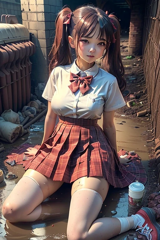 dirty white Pantyhose , School shoes, dirty white socks , waistband of skirt is at the point above chest , school girl big breast , red knot , red bow , skirt dark red , plaid skirt , pleated skirt , dirty white Shirt , realisitic、top-quality、crisp photos、((Brick underground tunnel、Foul-smelling sewer、Littered with filth、Sewage channels full of feces、a lot of garbage and junk、The dirtiest sewer))、Bricks are covered with moss、((beautiful a girl、Constricted waist、Neat face、Most beautiful face、Elaborate face、dense dirty brown hair、Refreshing look、Pleasant look、Happy expression、Joy covered in filth、Glad to get dirty))、(dirty school girl uniform、Tangier、brawn hair)、((long and beautiful legs are dirty、Lying face down on filth、Girl with beautiful ass、Scoop out filth with both hands、Beautiful girl's hair is covered in mud、The joy of lying in dirty sewage))、(((I want to smear filth all over my body.、A large amount of sewage flows down the head、The whole body is full of filth、Stick out your buttocks and open your legs、a large amount of dirty garbage and waste,,、Heaps of garbage)) , twin tails hair