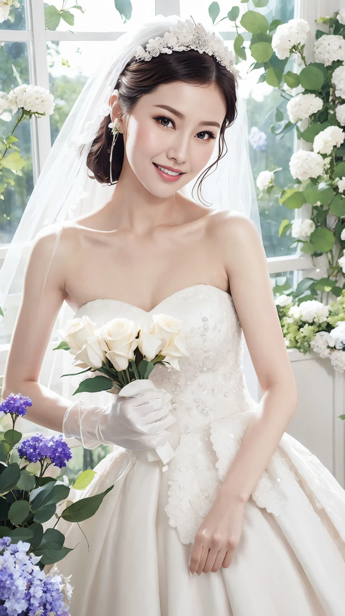 Fashion model 25 years old [[[[close up]]]], [[[[neck]]]], [[[[Shoulder]]]], Perfect eyes, Perfect iris，Perfect lips，Perfect Teeth，Perfect skin，White skin，Soft headlight，High-density imaging review，（Face is clear and delicate），((White Bride Wedding Dress))，((Smile))，((Background is indoor))，((There are green trees and flowers outside the window))，best quality，masterpiece，（Soft colors：1.2)