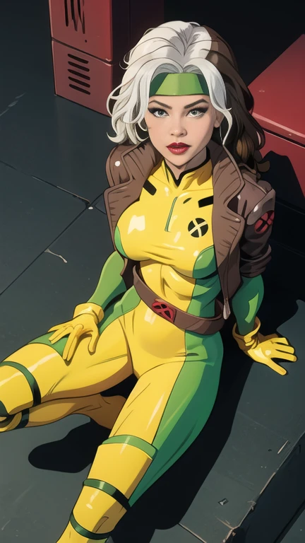 CARTOON_X_MENs_Rogue,ownwaifu,
long hair,breasts,brown hair,green eyes,lipstick,makeup,lips,white hair,two-tone hair,headband,wavy hair,large breasts,messy hair,curly hair,big_hair, 
yellow bodysuit,gloves,belt,yellow gloves,green bodysuit,bodysuit,multicolored bodysuit, skin tight,multicolored clothes, 1girl, solo, looking at viewer, full body, (masterpiece:1.1), (best quality,:1.1), (high quality:1.1), in x-men school, sitting on sofa,