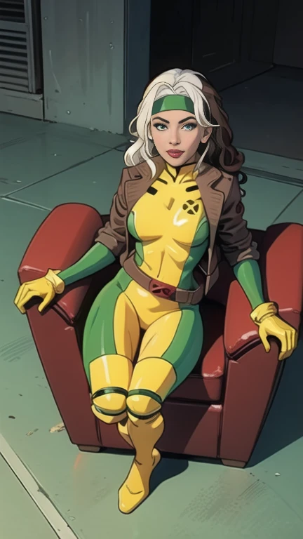 CARTOON_X_MENs_Rogue,ownwaifu,
long hair,breasts,brown hair,green eyes,lipstick,makeup,lips,white hair,two-tone hair,headband,wavy hair,large breasts,messy hair,curly hair,big_hair, 
yellow bodysuit,gloves,belt,yellow gloves,green bodysuit,bodysuit,multicolored bodysuit, skin tight,multicolored clothes, 1girl, solo, looking at viewer, full body, (masterpiece:1.1), (best quality,:1.1), (high quality:1.1), in x-men school, sitting on sofa,