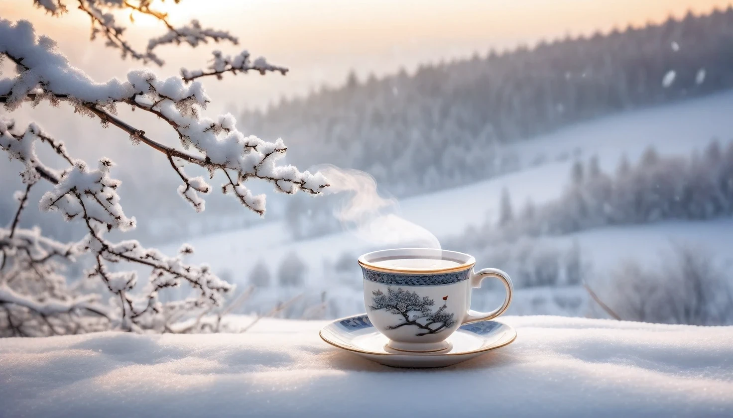 A cup of hot tea, snow, Porcelain tea cup, Swirling steam, Fine Tea, Frost covered winter landscape, Comfortable atmosphere, Fine porcelain, Beautiful winter landscape, Soft candlelight, Moments of silence, Steam coming out of the cup, snow-capped branches, Little Snow, Winter Wonderland