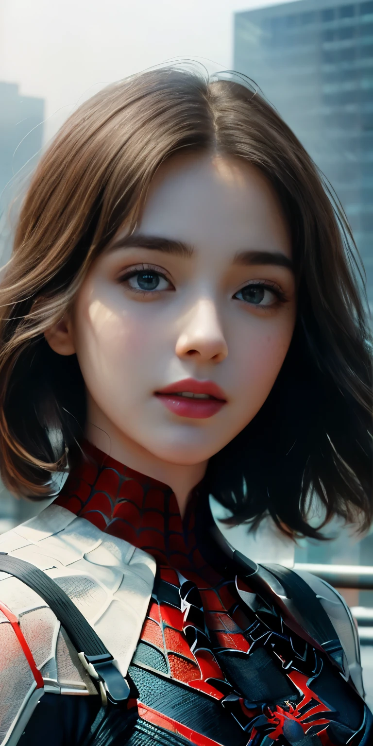 (1girl:1.3), Solo, (((Very detailed face)))), ((Very detailed eyes and face)))), Beautiful detail eyes, Body parts__, Official art, Unified 8k wallpaper, Super detailed, beautiful and beautiful, beautiful, masterpiece, best quality, original, masterpiece, super fine photo, best quality, super high resolution, realistic realism, sunlight, full body portrait, amazing beauty, dynamic pose, delicate face, vibrant eyes, (from the front), She wears Spider-Man suit, red and black color scheme, spider, very detailed city roof background, rooftop, overlooking the city, detailed face, detailed complex busy background, messy, gorgeous, milky white, highly detailed skin, realistic skin details, visible pores, clear focus, volumetric fog, 8k uhd, DSLR, high quality, film grain, fair skin, photo realism, lomography, futuristic dystopian megalopolis, translucent