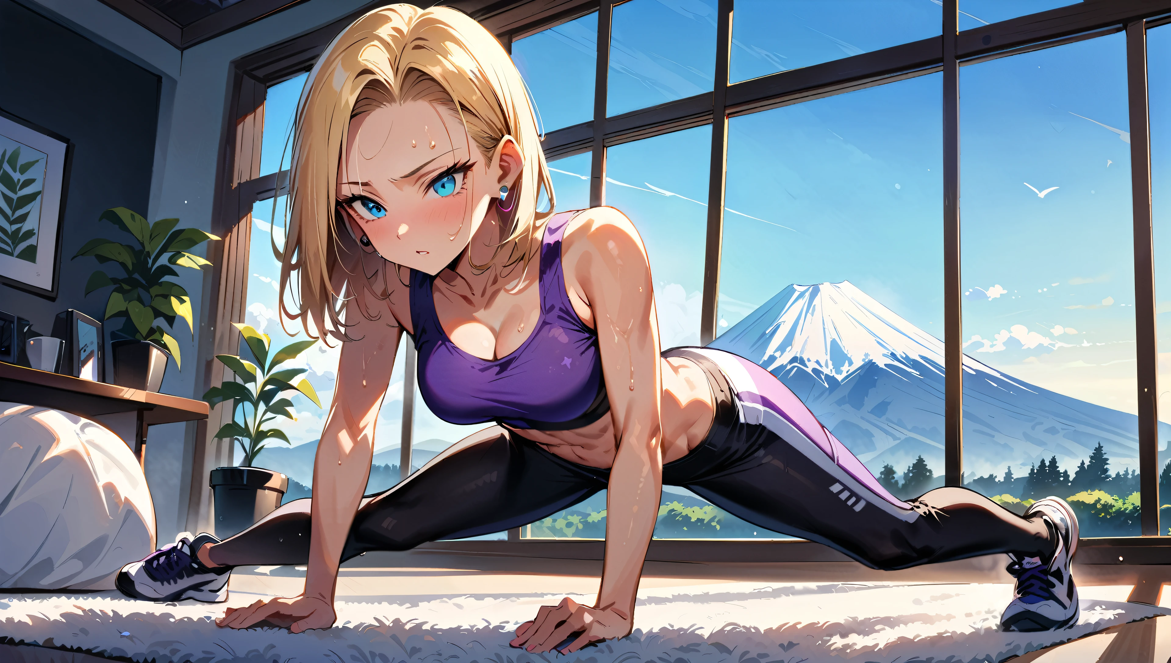 (masterpiece, best quality:1.2), frontal full body shot, Android 18 from Dragon Ball, (doing a plank), core engaged, core exercise, wearing (purple training wear, e.g. sports bra and leggings), purple training shoes, (white over-ear headphones), short blonde hair, her sweaty forehead, blue eyes, earrings on earlobes, sweating, slender feminine figure, toned abs and arms, legs fully extended, narrow waistline, modern feminine room with white decor, white plush rug, potted plants, daylight streaming in through large windows, Mount Fuji and sun in the distance, morning, 4K
