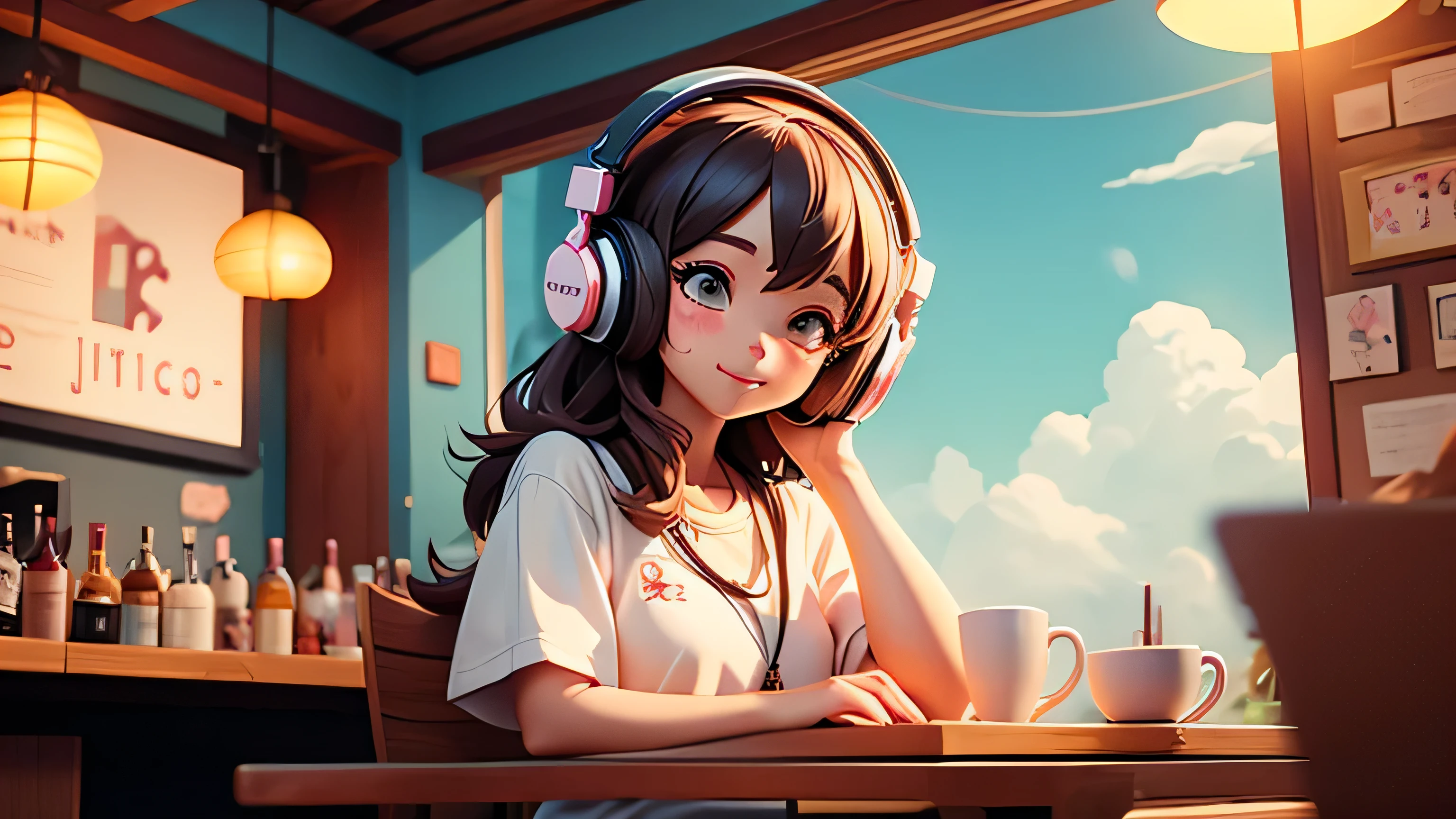 lOfi Music Japanese Anime Style Girl Enjoying Music in a Cafe Headphones Bright Lighting