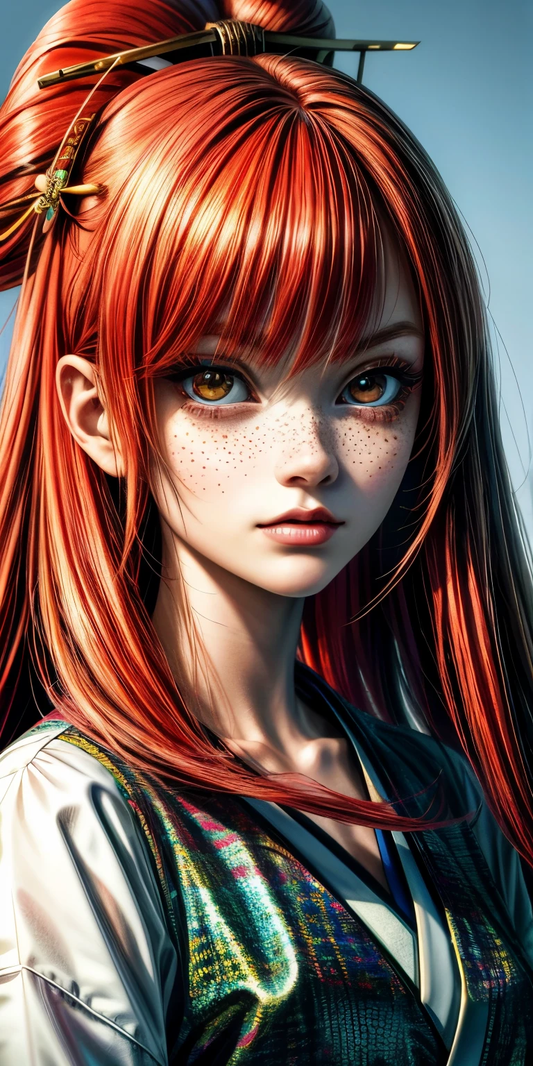 masterpiece, best quality, {best quality}, {{masterpiece}}, {highres}, focus, anime style, a closeup of a cartoon of a woman, beautiful girl design, 25 years old, portrait, geisha, smug, seductive, anime image, long hair, red hair, redhead, straight eyes, polished and powerful look, exotic, tall, freckles, cheerful, casual chic clothing, colorful, colors