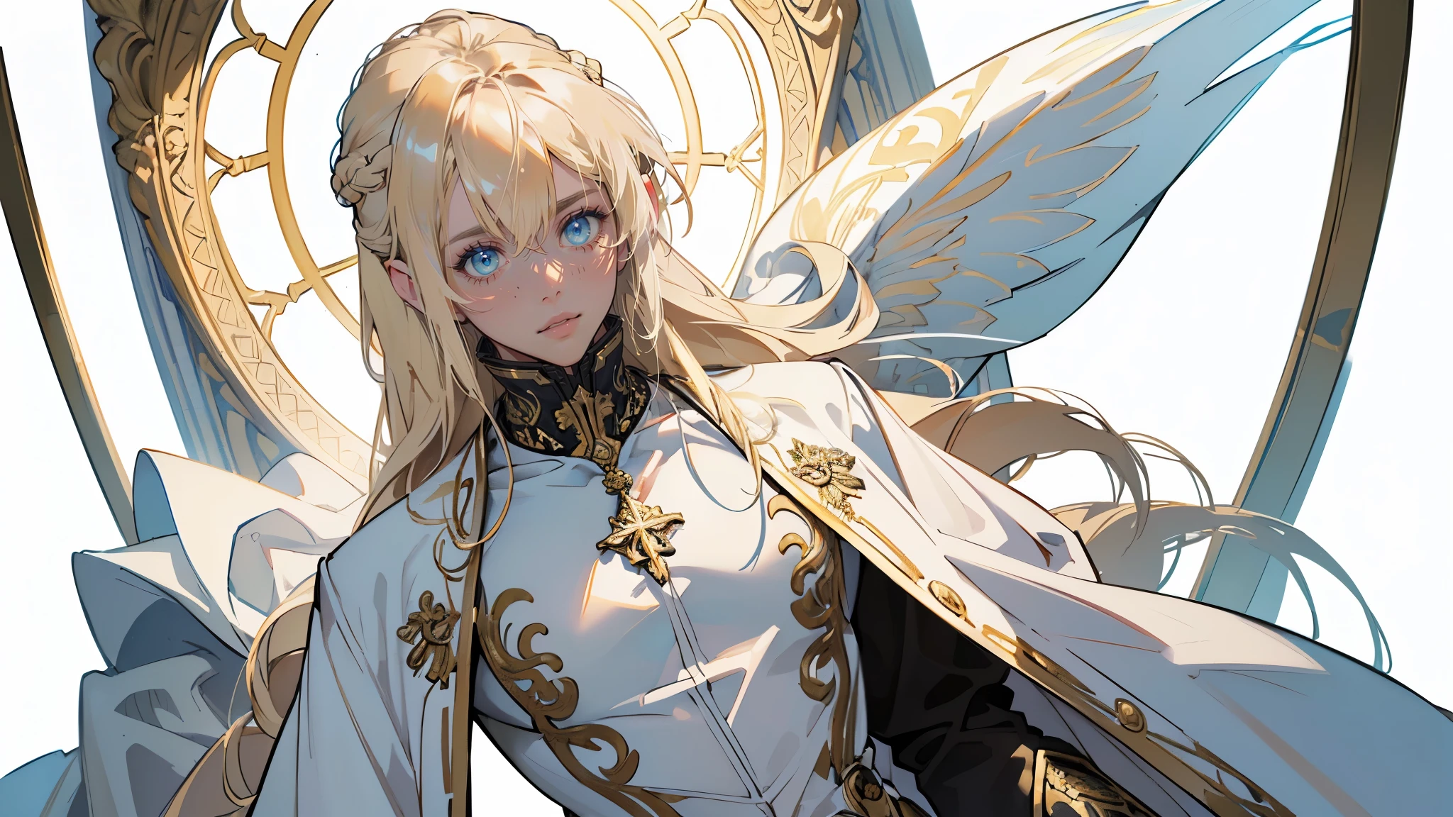 (A luxurious white vestment with intricately detailed gold embroidery)Incorruptible and white,Pure and pitiful,offer a prayer,rosary, Stained glass praising ,Beautiful woman , extremely long hair , blonde hair , green eyes , 32,
(masterpiece:1.3), (best quality:1.3), high-resolution, watercolor pencil, Head-on angle, upper body, Body facing forward, (upright:1.3), (arms at sides:1.3), solo, blue eyes, beautiful detailed eyes, Futuristic clothing, mechanical suit, (white background:1.2), simple background, concept art, shadowlighting,
(masterpiece, best quality:1.3),beautiful detailed glow,best illuminate,(((best quality,textile shading,ultra detailed))),extremely detailed CG unity 8k wallpaper,Highly Detailed beautiful and aesthetic,best light,high resolution,detailed,dynamic lighting , 1Character , pastel washed out colors , cell shade , soft, muted shades ,gentle colors ,