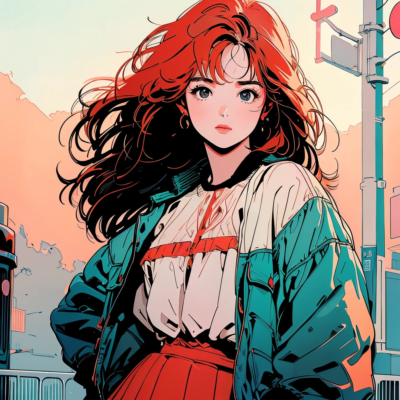 whole body, Upper Body、One beautiful woman, 4k, Warm colors , White blouse、skirt, pedestrian crossing、Signal, 、intersection、Complex background、Long Red Hair、Detailed Hair