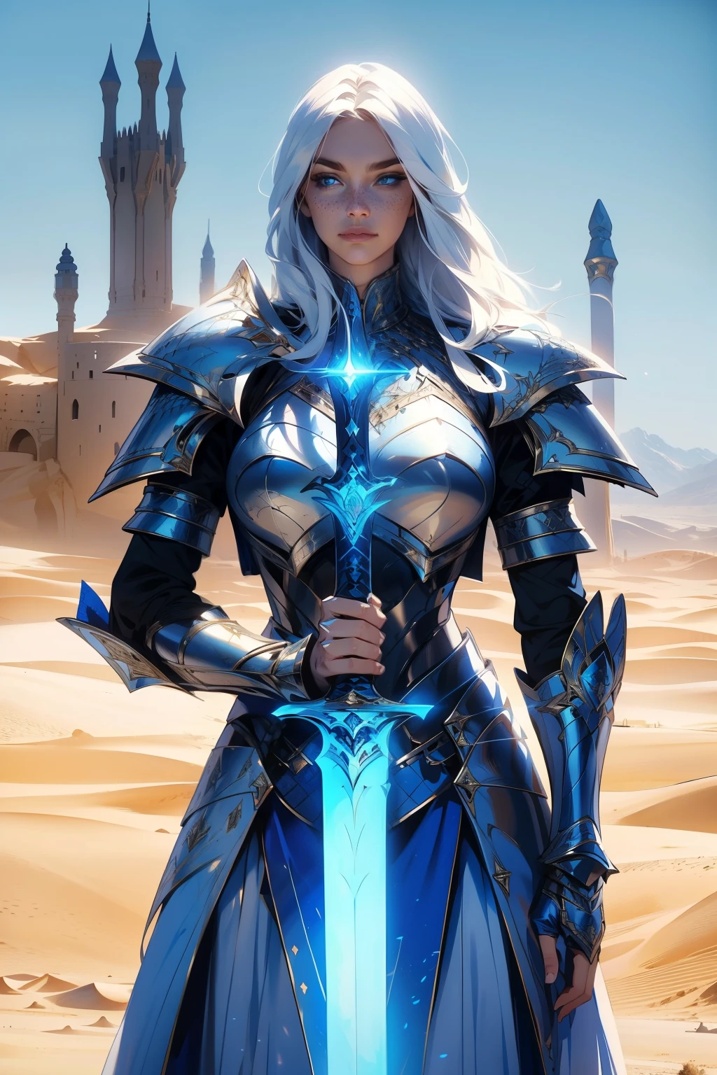 Masterpiece, Ultra Wide Shot, (1girl), (intricate clothes armor), freckles, (beautiful face:1.2), (blue eyes:1.2), (white long hair), (1glowing blue sword stabbed in the ground), (desert background), (desert castle), stones, foggy weather, a beautiful female knight, dark, epic, fantasy art style, uhd, extremely detailed artgerm, 4k fantasy art, beautiful celestial warrior