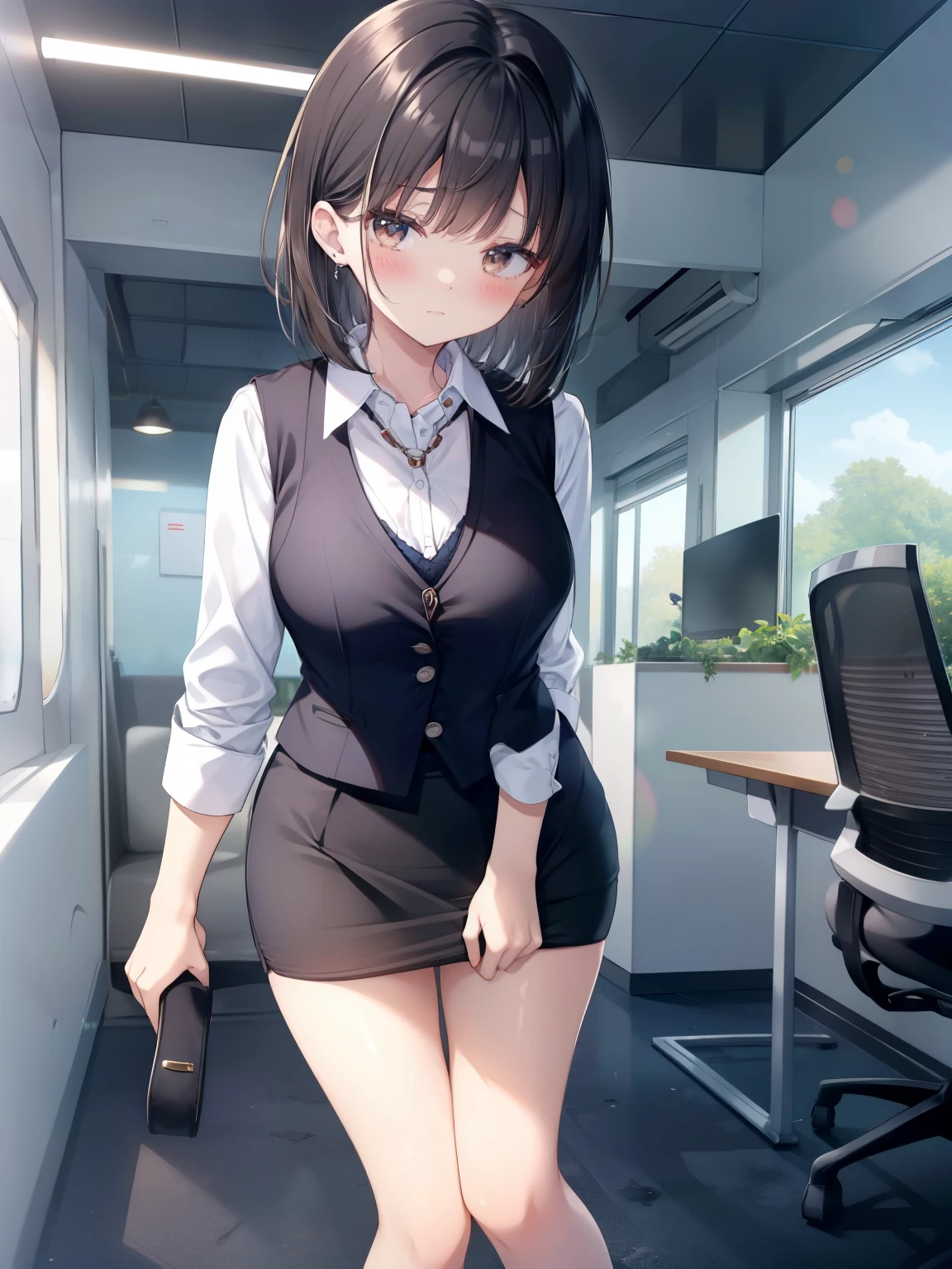 highest quality, Flying debris、Beautiful woman、officeレディー、Black Hair、(Brown eyes、Big Breasts)、short hair、チェック柄のダークブルーのofficeスーツ)、new employee,Full Body Shot、Female office lady、break(Dark blue checked vest、White dress shirt、Navy blue mini tight pencil skirt:1.2)、(Black knee-high、Absolute area、High heels)、break(office:1.3)、Cleavage、Unbutton your shirt、blush、Embarrassed、Troubled face、The skirt is torn、Standing posture