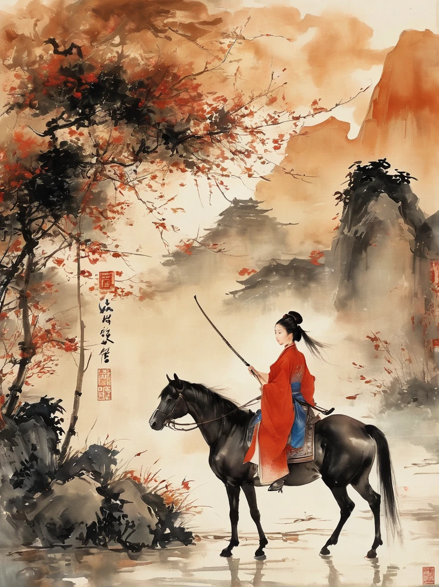 (chinese ink painting style:1.2), (masterpiece, top quality, best quality, official art, beautiful and aesthetic:1.2), An ink painting of a battlefield at dusk in the Song Dynasty is full of oriental freehand aesthetic elements, In late autumn, dead leaves are flying all over the sky, A beautiful woman stands alone on the battlefield at dusk. Her back is desolate and full of loneliness, Behind the girl is leaning on a thin horse, The background is the post-war battlefield, The tone should be a mixture of warm earth tones in traditional Eastern paintings, and The deep red color of the sunset symbolizes the cruelty of war, ancient Chinese style, ink painting, (wallpaper:1.2)