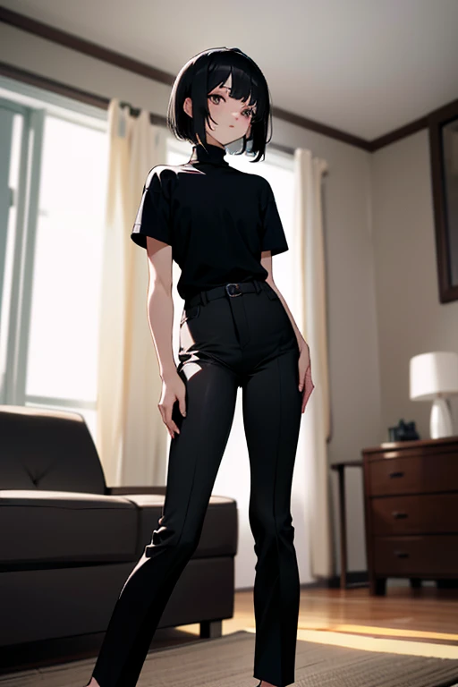 (masterpiece, best quality), highly detailed, highres, 1girl, short black hair, black shirt, short sleeves, turtleneck, skinny pants, white pants, bare feet, standing, living room, blurry foreground