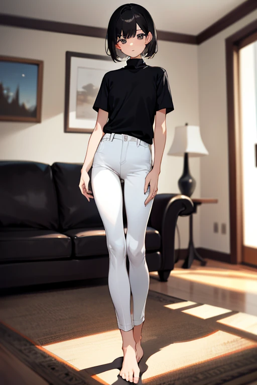 (masterpiece, best quality), highly detailed, highres, 1girl, short black hair, black shirt, short sleeves, turtleneck, skinny pants, white pants, bare feet, standing, living room, blurry foreground