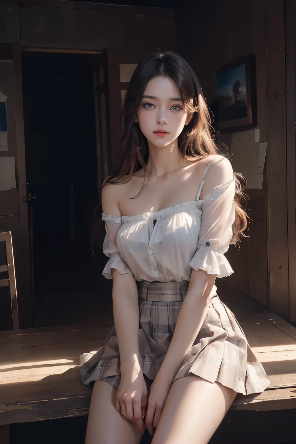 Ultra-realistic 8K CG, picture-perfect face, perfect face, beautiful face, beautiful eyes, perfect female body, front view, solo, immersive atmosphere, chiaroscuro: 1.5, bright lights: 1.2, luminous , Only Daughter, Shirt, Pleated Skirt, Award Winning Watercolor, Sitting, Full Body, Ambient Light, Cinematic Composition, Neon Light, HDR, Perfect, Clean, Masterpiece, Professional Artwork, Famous Artwork, Blush, Enchantment facial expressions, highly detailed eyes, beautiful backgrounds, depth of field, realism: 1.3, long shots, accent lighting,
