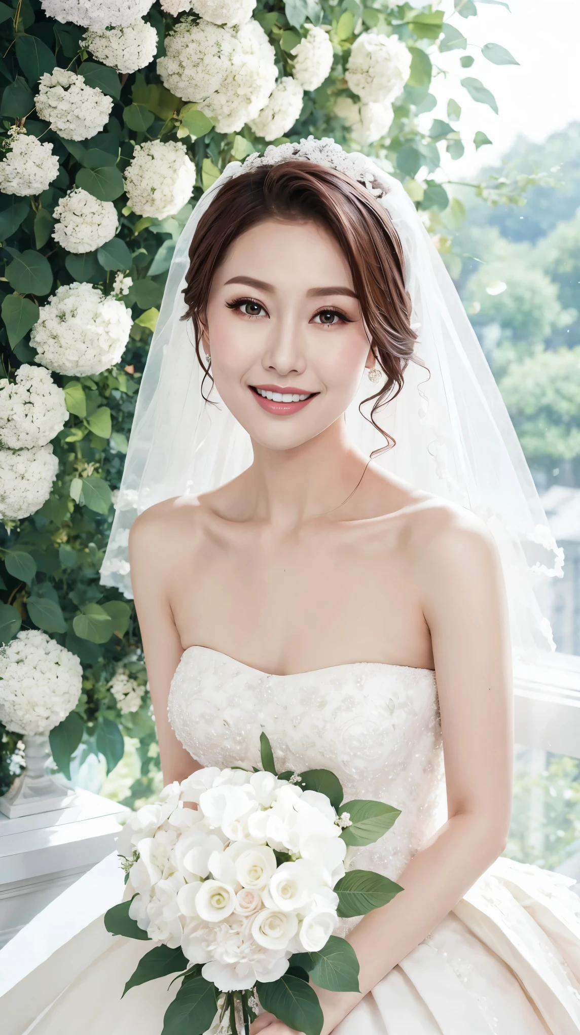 Fashion model 25 years old [[[[close up]]]], [[[[neck]]]], [[[[Shoulder]]]], Perfect eyes, Perfect iris，Perfect lips，Perfect Teeth，Perfect skin，White skin，Soft headlight，High-density imaging review，（Face is clear and delicate），((White Bride Wedding Dress))，((Smile))，((Background is indoor))，((There are green trees and flowers outside the window))，best quality，masterpiece，（Soft colors：1.2)