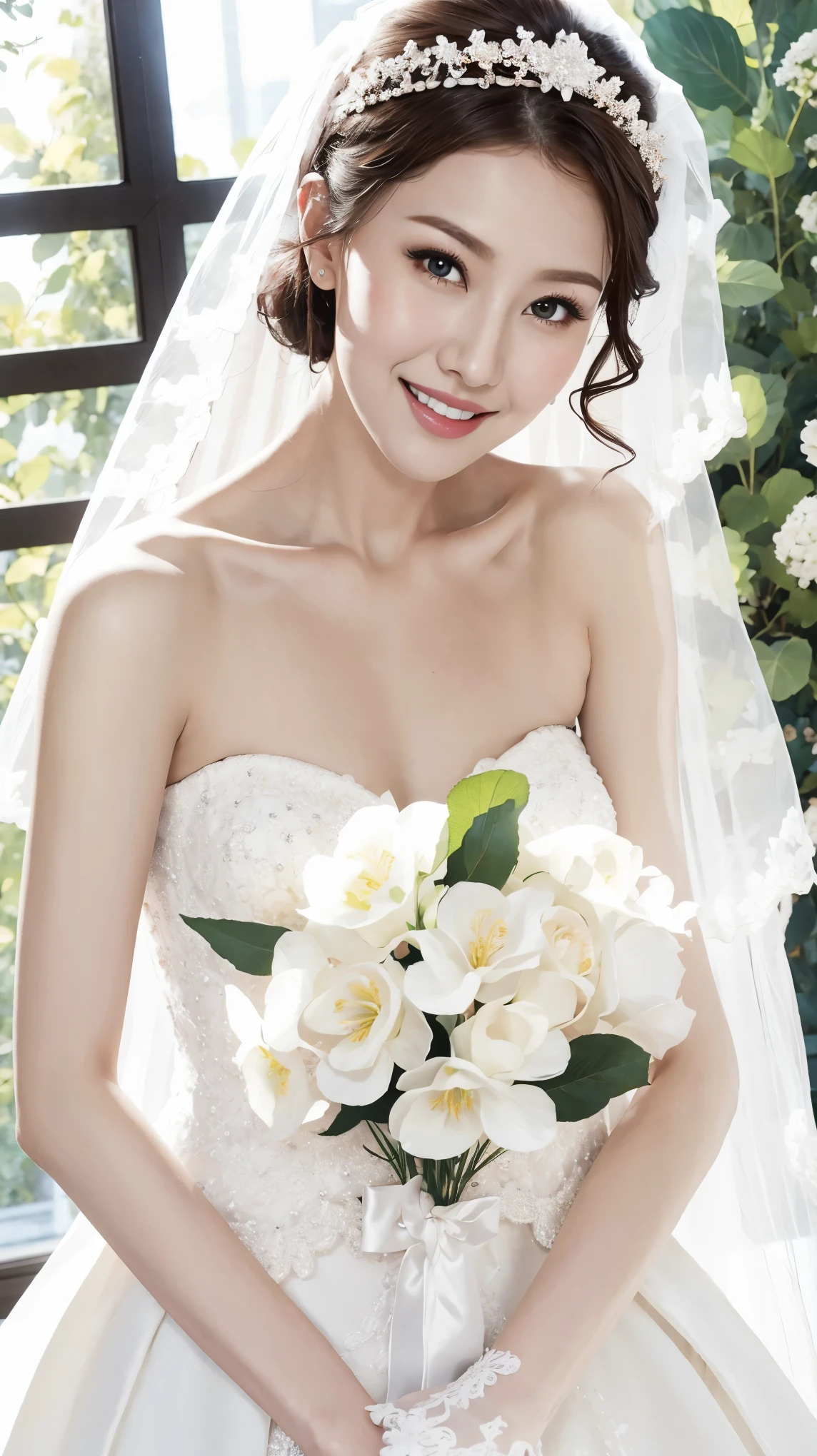 Fashion model 25 years old [[[[close up]]]], [[[[neck]]]], [[[[Shoulder]]]], Perfect eyes, Perfect iris，Perfect lips，Perfect Teeth，Perfect skin，White skin，Soft headlight，High-density imaging review，（Face is clear and delicate），((White Bride Wedding Dress))，((Smile))，((Background is indoor))，((There are green trees and flowers outside the window))，best quality，masterpiece，（Soft colors：1.2)