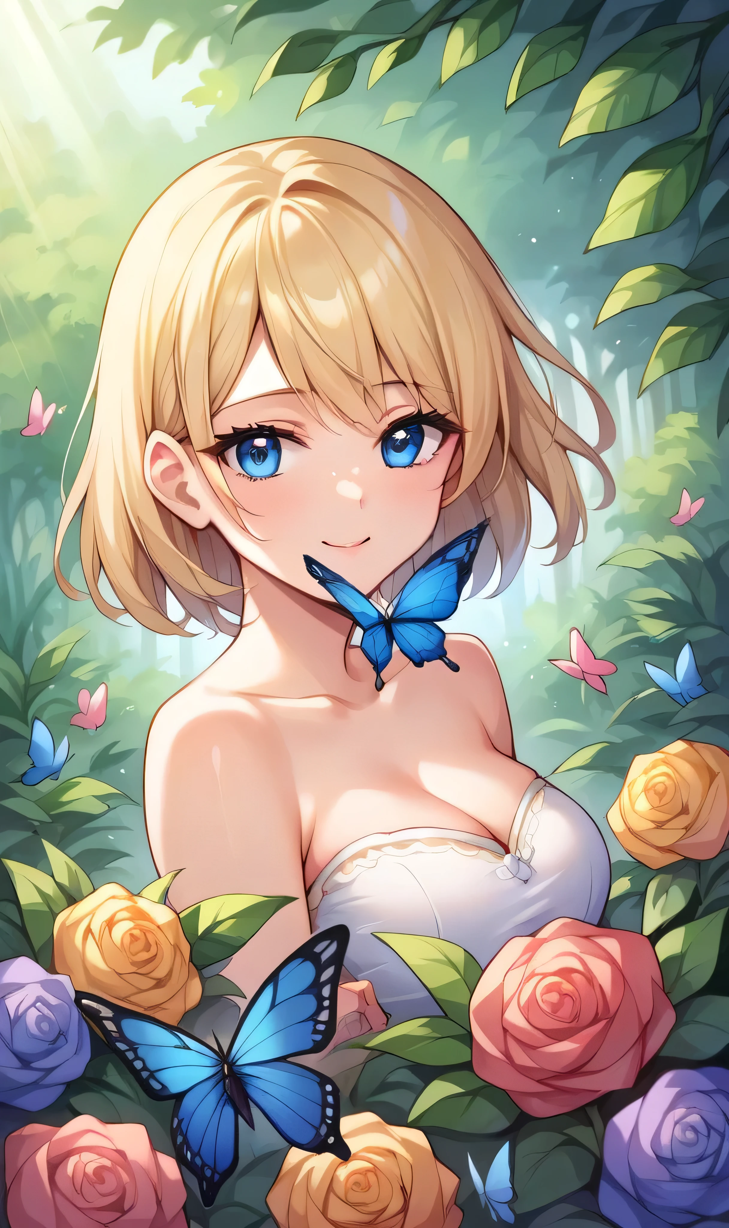 score_9, score_8_up, score_7_up, score_6_up, score_5_up, score_4_up, source_anime, BREAK, portrait, 1girl, solo, blonde hair, blue eyes, masterpiece, best quality, ultra-detailed, floating, beautiful detailed eyes, detailed light, fruits, flowers, colorful, garden, colorful background, forest, bird, butterfly