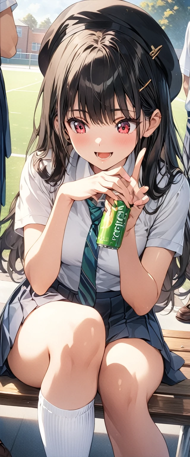 (masterpiece, best_quality), extremely detailed CG unity 8k wallpaper, super fine illustration, (anime_style), Woman posing for a photo, A shy smile, Small open mouth, Long Hair, Straight hair, Fine skin, Beautiful Hands, Beautiful fingers, Wearing a beret, tie, Small breasts, Short sleeve blouse, Pleated skirt, Thighs, Absolute area, Knee socks, loafers, Daytime, Hot summer day, School, Schoolyard, Sitting on a bench, holding Canned juice, Natural light, Detailed face:1.2, Sharp focus, Hasselblad Photos, masterpiece, light makeup, Cinematic lighting, 4k, sharpness, Anime Style, whole body, Canned juice, BREAK looking at another, perfect anatomy, perfect body, (perfect arms), (perfect hands, perfect fingers), perfect legs, perfect feet, perfect toes, 5_fingers, (4_fingers,1_thumbs),
