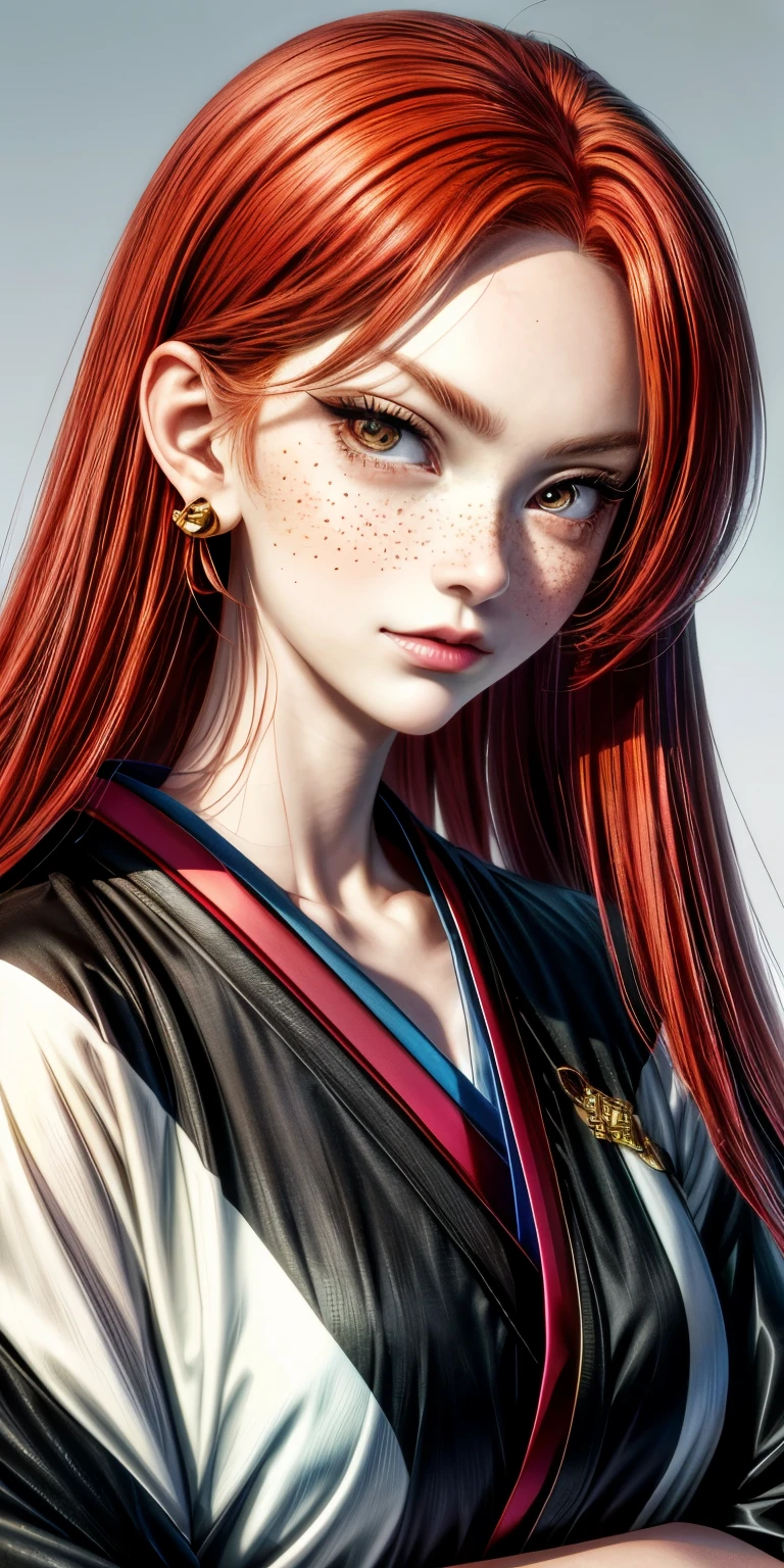 masterpiece, best quality, {best quality}, {{masterpiece}}, {highres}, focus, anime style, a closeup of a cartoon of a woman, beautiful girl design, 25 years old, portrait, geisha, smug, seductive, anime image, long hair, red hair, redhead, straight eyes, polished and powerful look, exotic, tall, freckles, cheerful, casual chic clothing, colorful, colors  