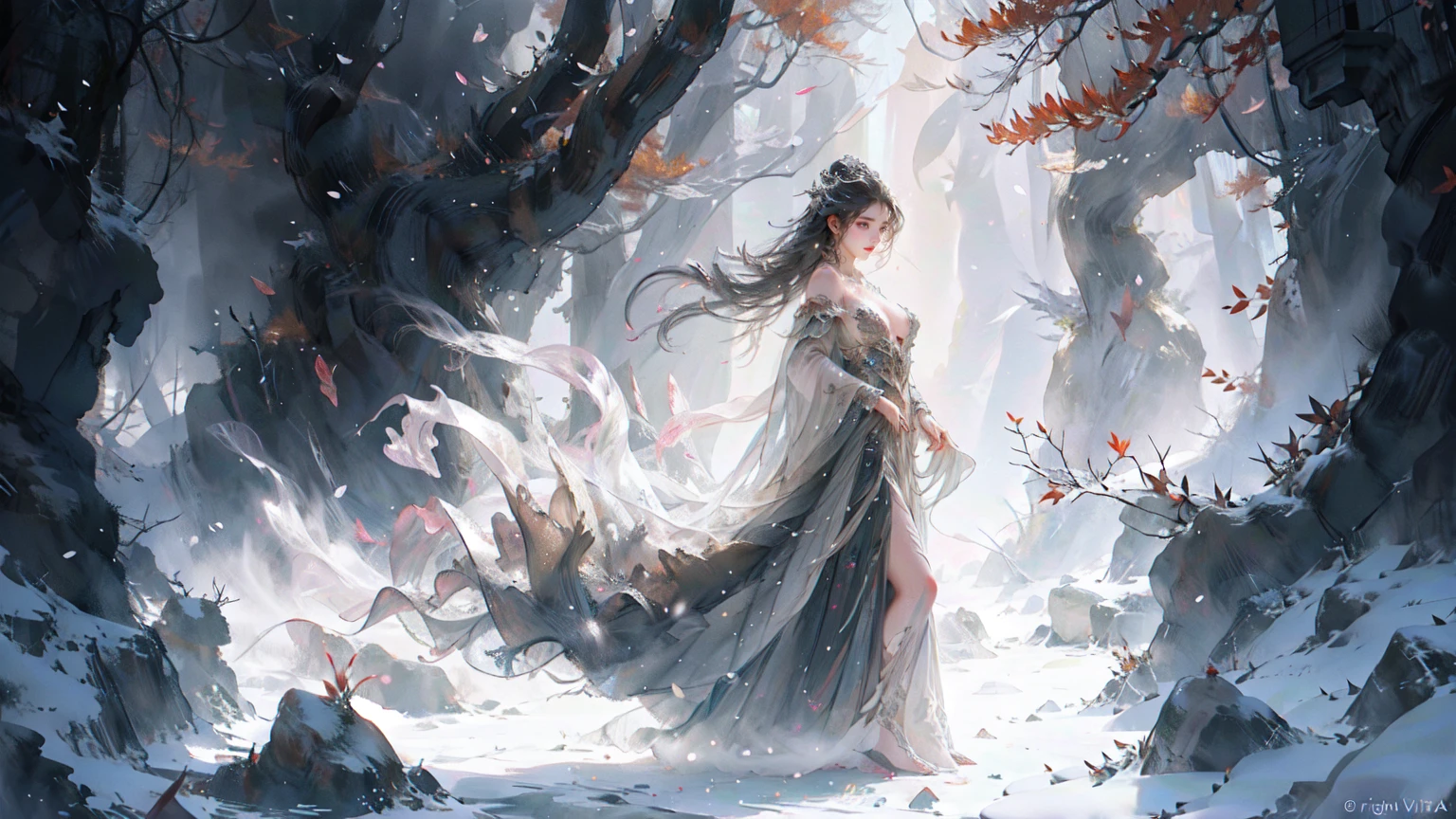 （A woman walks with difficulty in a snowstorm：2.0），（dress：1.9），nijistyle，Ethereal Background，Mysterious atmosphere，RAW photos，16K，drama灯光，rich and colorful，high quality，Precise focus，4D Cinema，drama，hyper-realistic illustration，Super detailed，absurd，Complex Mode， atmosphere，Ultra-high resolution， (Realistically:1.4)，(Fractal Art:1.3)，（Breasts droop outwards naturally），（Large Breasts），（Silver hair），（Showing shoulders and thighs），glowing scales，Princess Cut Hairstyle，full-body shot，watercourse，shrub，Outdoors in the wild，rock，ghostdom，night，backlight，（Overhead shot），