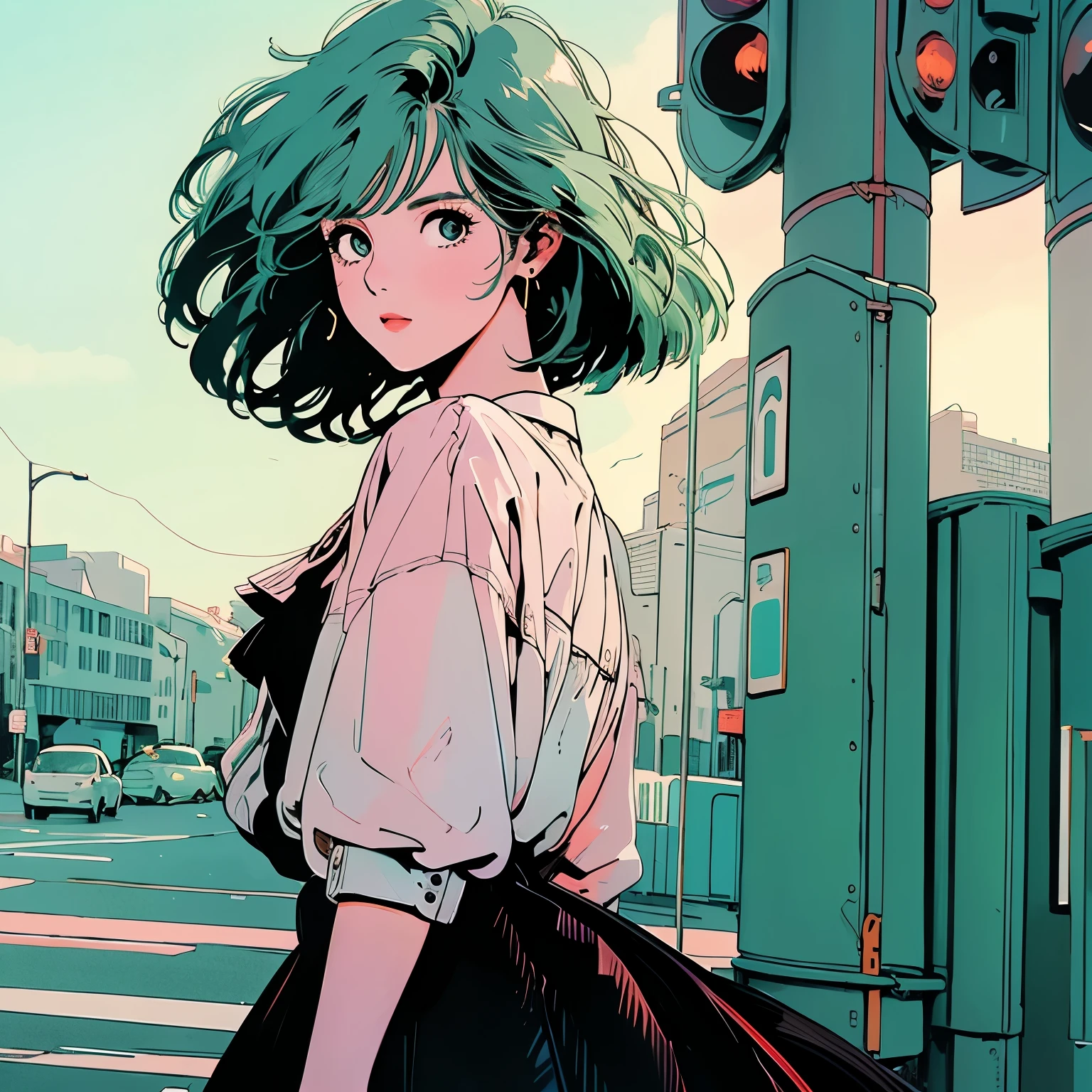 whole body, Upper Body、One beautiful woman, 4k, Warm colors , White blouse、skirt, pedestrian crossing、Signal, 、intersection、Complex background、Medium green hair、Detailed Hair