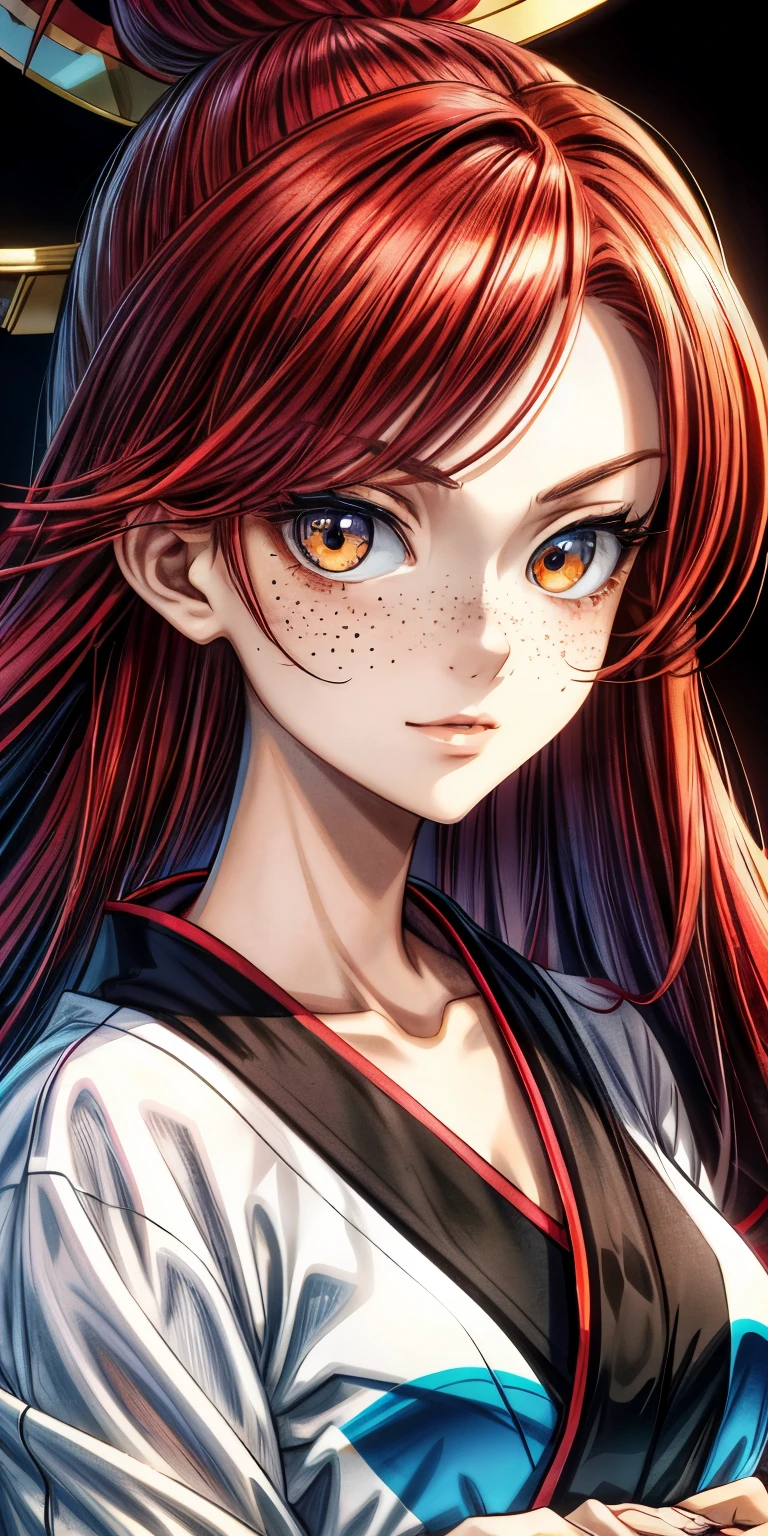 masterpiece, best quality, {best quality}, {{masterpiece}}, {highres}, focus, anime style, a closeup of a cartoon of a woman, beautiful girl design, 25 years old, portrait, geisha, smug, seductive, anime image, long hair, red hair, redhead, straight eyes, polished and powerful look, exotic, tall, freckles, cheerful, casual chic clothing, colorful, colors