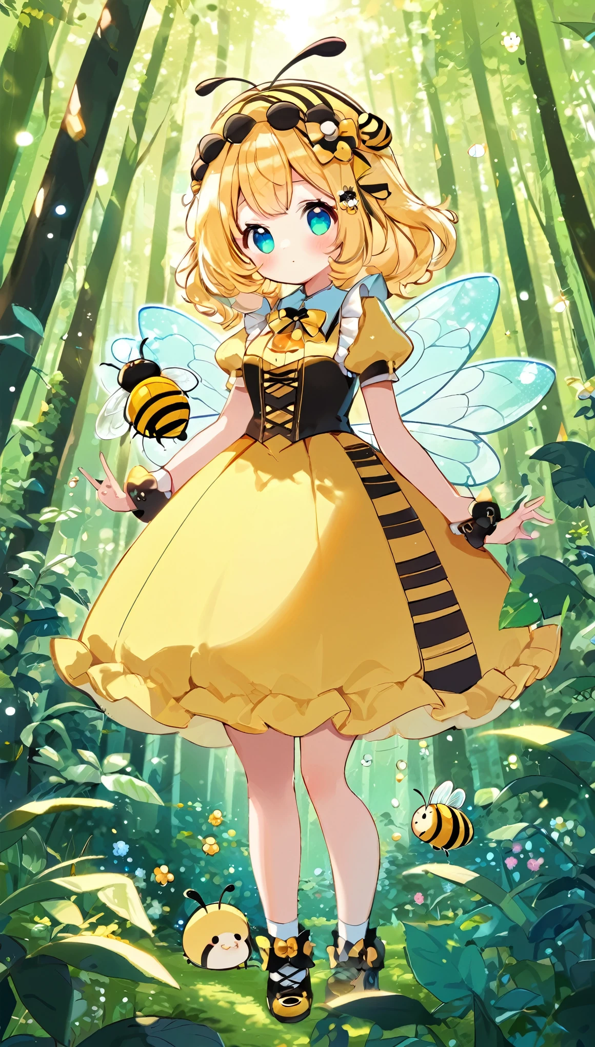 best quality, super fine, 16k, incredibly absurdres, extremely detailed, delicate and dynamic, beautiful lady, big bee cosplay, long antennae, great proportion, cute, cute pose, pastel colored forest, pop art
