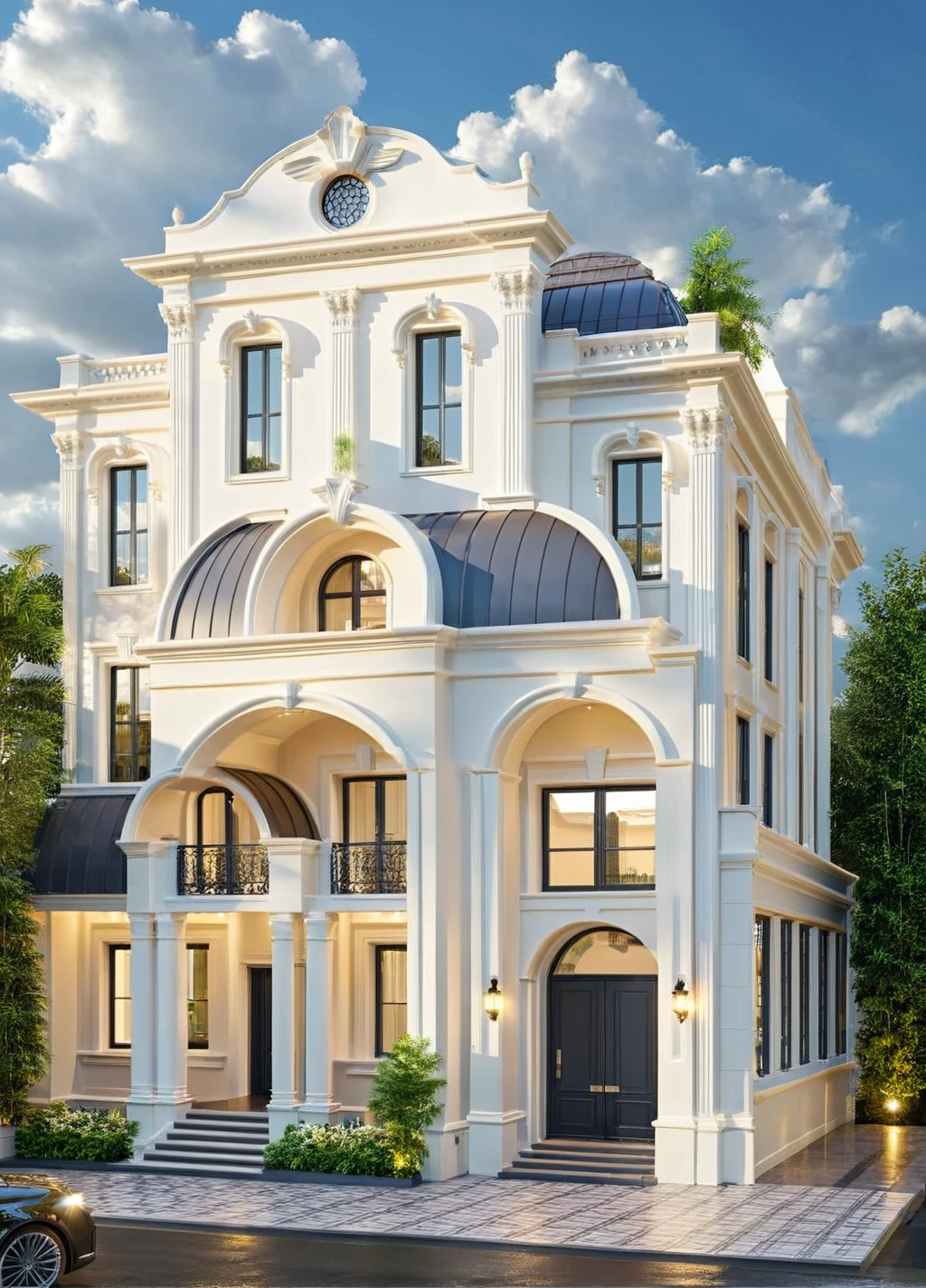 Architectural style Architectural style,  ((Classic Style House)),(masterpiece) , ((best quality)), dramatic lighting, high quality outdoors, sky, day, cloud, tree, blue sky, building, scenery, road, real world location,  sunlight, enough detail, high resolution,super realistic, Photorealistic, highly detailed, balcony, plants, door, car, truck, parking slot, paving, . Clean lines, architectural drawing, highly detailed  , . Clean lines, geometric shapes, minimalist, modern, architectural drawing, highly detailed