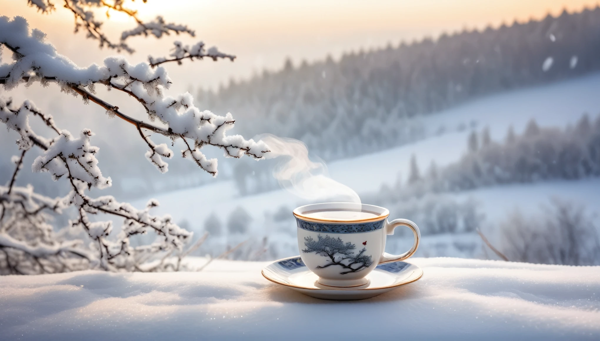 A cup of hot tea, snow, Porcelain tea cup, Swirling steam, Fine Tea, Frost covered winter landscape, Comfortable atmosphere, Fine porcelain, Beautiful winter landscape, Soft candlelight, Moments of silence, Steam coming out of the cup, snow-capped branches, 小snow, Winter Wonderland