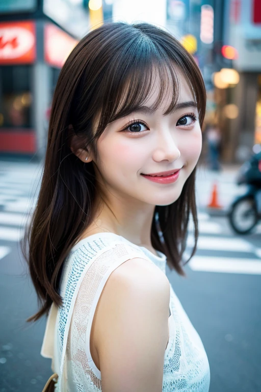 1 girl, Japanese women, Tokyo Street , Streetscape, Upper Body, Facing forward, smile, Very delicate face, double eyelid, Face thinning, (8k, RAW Photos, highest quality, masterpiece:1.2), (Realistic, photo-Realistic:1.37),