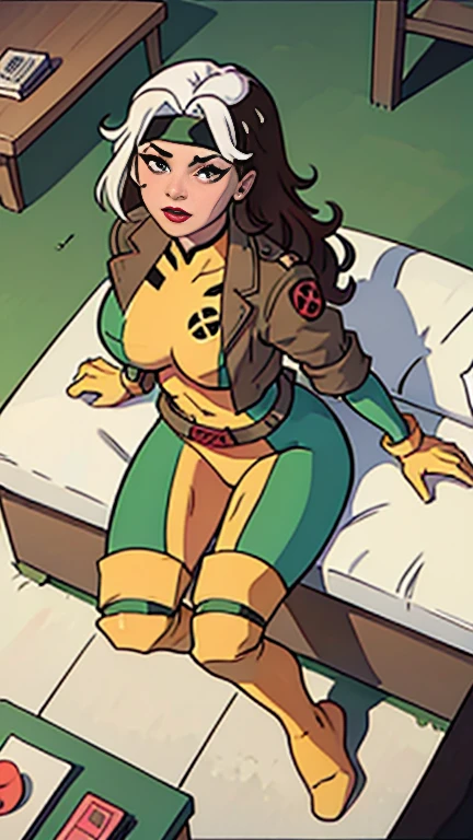 CARTOON_X_MENs_Rogue,ownwaifu,
long hair,breasts,brown hair,green eyes,lipstick,makeup,lips,white hair,two-tone hair,headband,wavy hair,large breasts,messy hair,curly hair,big_hair, 
bodysuit, skin tight, 1girl, solo, looking at viewer, full body, (masterpiece:1.1), (best quality,:1.1), (high quality:1.1), in x-men school, living room, sitting on sofa, cartoon style , under view , cameltoe 